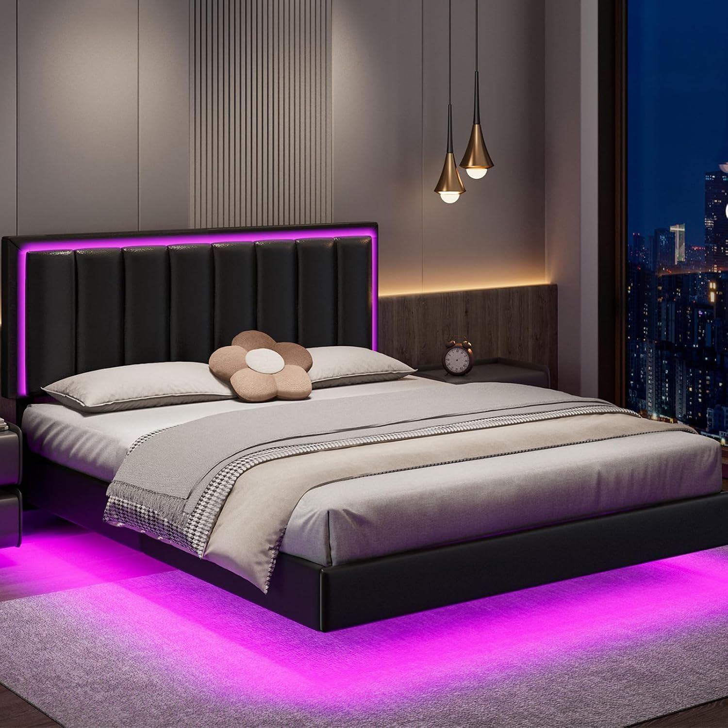 IMMERSTABLE Full Size Floating Bed Frame with LED Lights, Upholstered Platform Bed with Headboard, 11 in Storage Clearance, Solid Wood Slats, No Box Spring Needed, Easy Assembly, Black