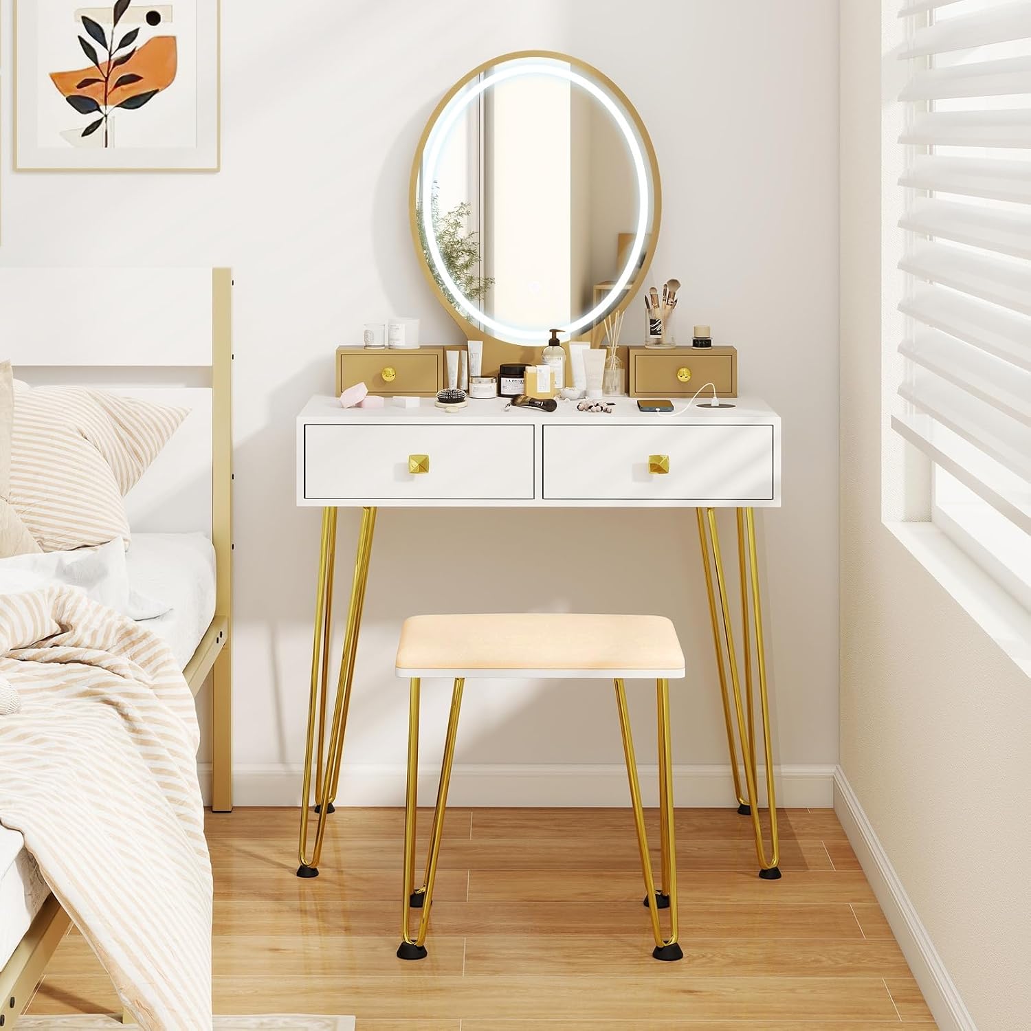 CHARMAID Vanity Desk with Mirror and Lights, White Makeup Vanity Table with 4 Drawers, Charging Station, 3-Color Lighted Mirror, Modern Girls Dressing Table with Stool for Small Bedroom