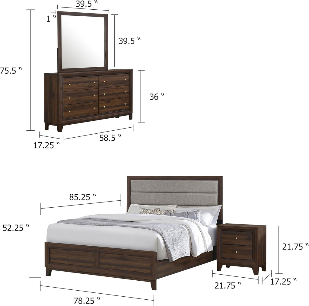 Benzara Yels 4 Piece King Bedroom Set, Gray Upholstery, Walnut Brown Wood