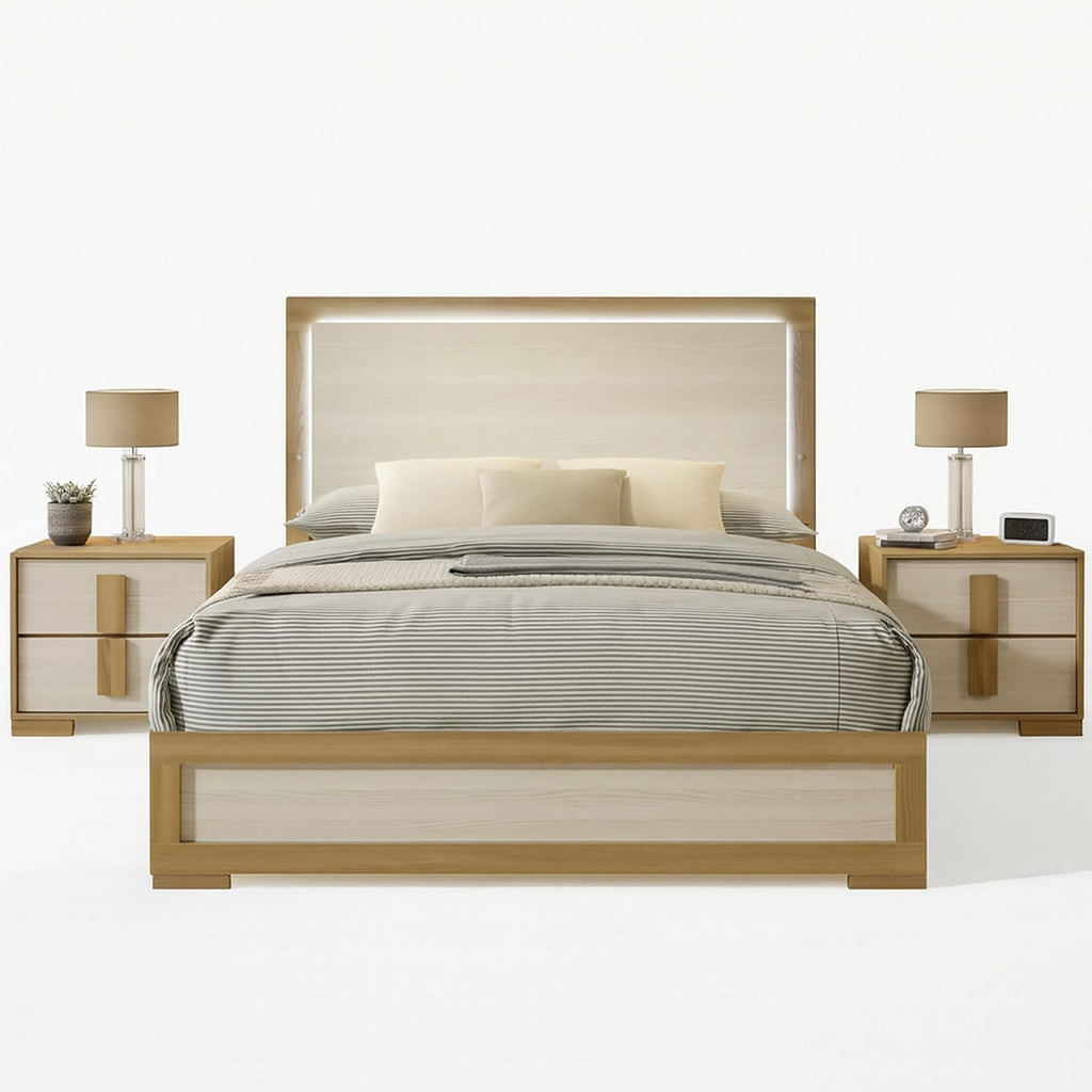 Kings Brand Furniture Boone 3-Piece Bedroom Set – Bed Frame with LED Headboard & 2 Nightstands, Natural/White Wood Finish, Slim-Profile Modern Design (Queen)