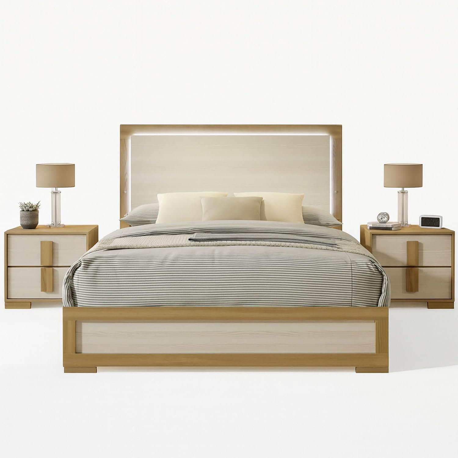 Kings Brand Furniture Boone 3-Piece Bedroom Set – Bed Frame with LED Headboard & 2 Nightstands, Natural/White Wood Finish, Slim-Profile Modern Design (Queen)
