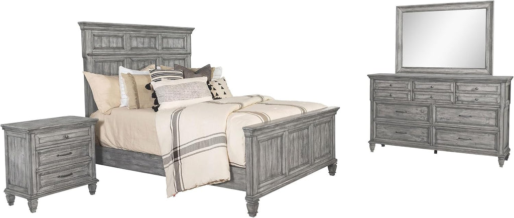 Coaster Home Furnishings Avenue Farmhouse 4-Piece Bedroom Set Eastern King Size Panel Bed Frame 68-inch Headboard Weathered Grey 224031KE-S4