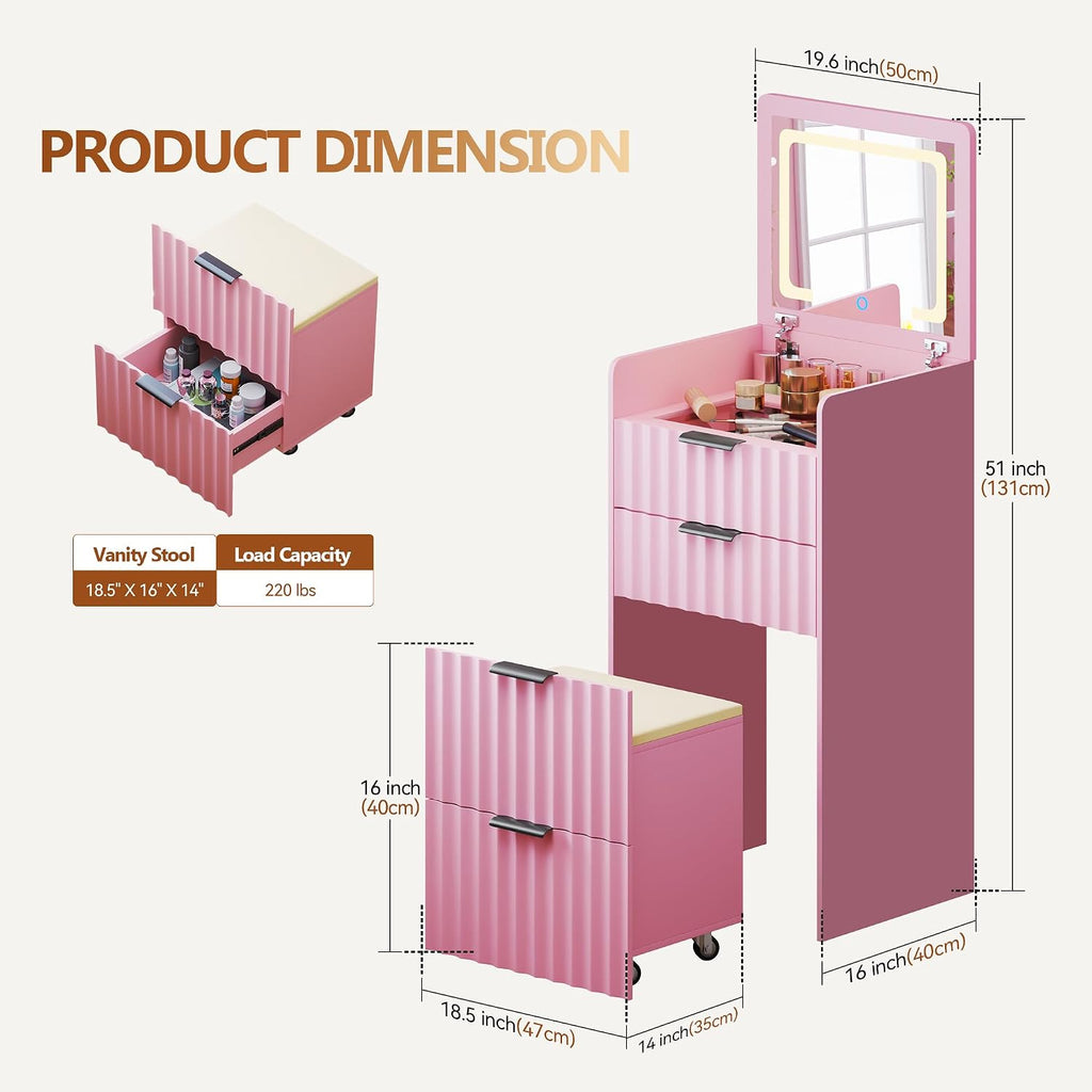 3-in-1 Small Vanity Desk with Flip Top Mirror and Lights,Fluted Compact Makeup Vanity with Storage Stool and Drawers,Mini Vanity Table Set for Bedroom Furniture,Pink