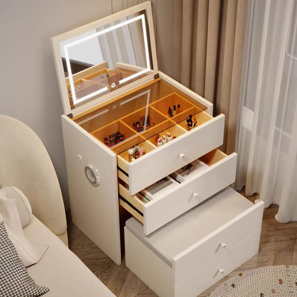 Compact Vanity Desk, 3 in 1 Vanity Desk with Dual Speakers and USB Charging, Corner Makeup Vanity Desk with Lights, Flip Mirror Light, Hidden Soft Stool, No Installation Required (19.7in)