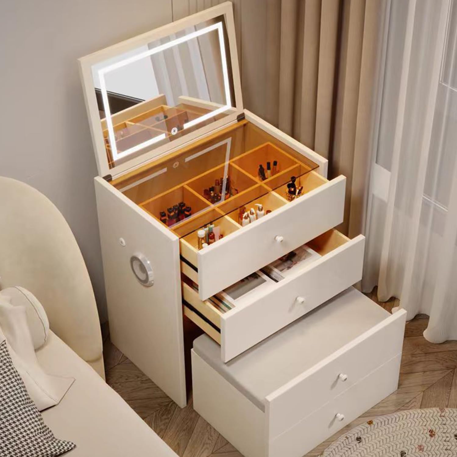 3 in 1 Compact Corner Vanity with Dual Speakers, USB Charging & Flip Mirror Light, No Assembly Required (27.5in)