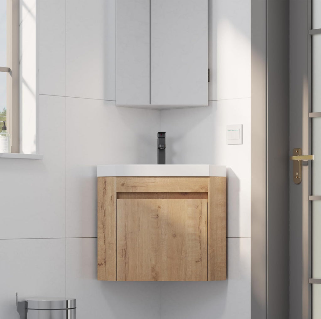 eclife 22' Corner Bathroom Vanity Sink Combo for Small Space Wall Mounted Floating Cabinet with White Resin Sink and Matte Black Faucet, Natural