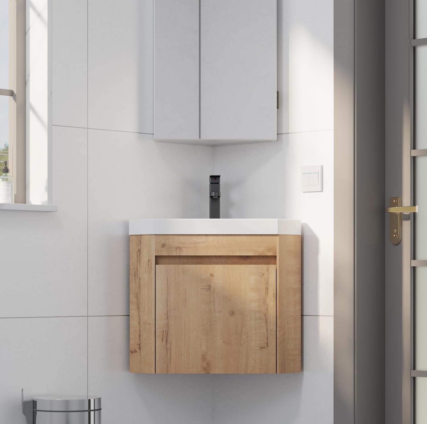 eclife 22' Corner Bathroom Vanity Sink Combo for Small Space Wall Mounted Floating Cabinet with White Resin Sink and Matte Black Faucet, Natural