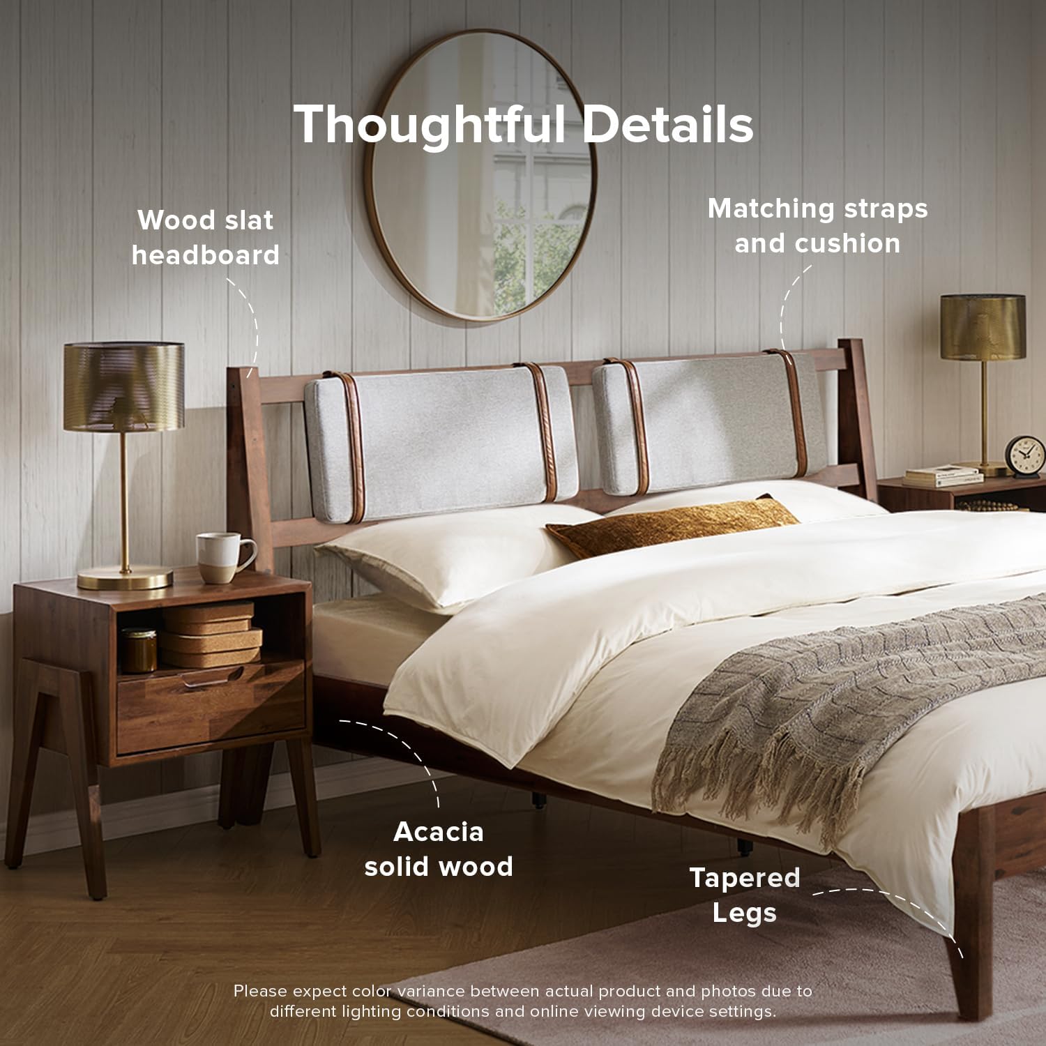 mopio Ted Bed Frame with Headboard, Mid Century Modern Acacia Solid Wood Platform Bed Frame, Wooden Slats, No Box Spring, Double Metal Bar Support (Solid Wood Upholstered, King (U.S. Standard))