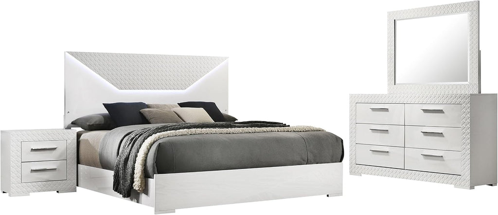 Coaster Home Furnishings Ives Contemporary 4-Piece Bedroom Set Eastern King Size LED Panel Bed Frame 57-inch Headboard White High Gloss 224941KE-S4