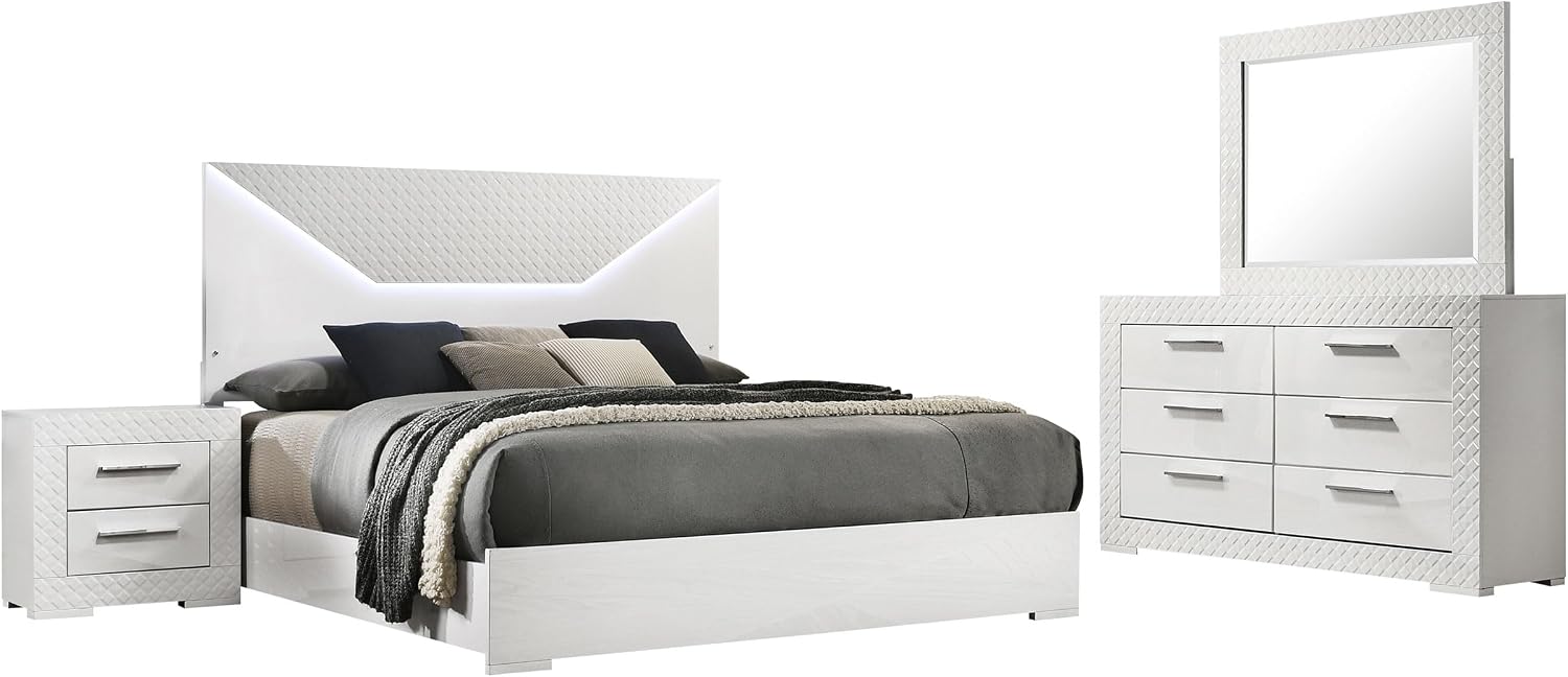 Coaster Home Furnishings Ives Contemporary 4-Piece Bedroom Set Eastern King Size LED Panel Bed Frame 57-inch Headboard White High Gloss 224941KE-S4