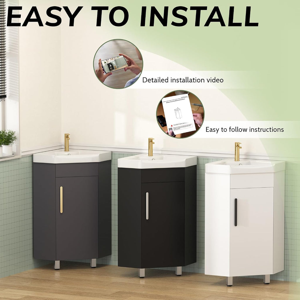 Findepot 24' Corner Bathroom Vanity Sink for Small Space Freestanding Compact Space Bathroom Storage Cabinet with White Ceramic Sink & Adjustable Shelf, Black