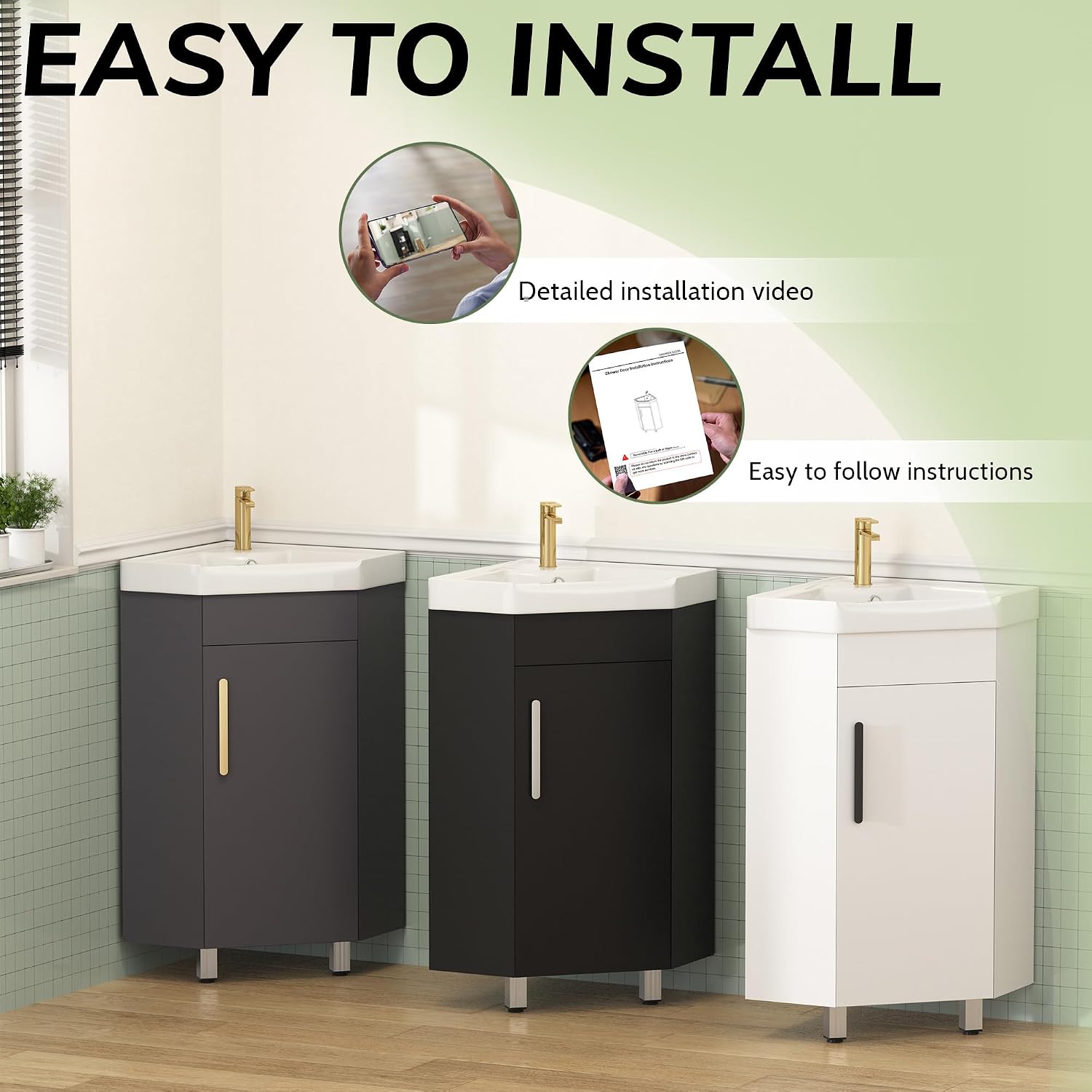 Findepot 24' Corner Bathroom Vanity Sink for Small Space Freestanding Compact Space Bathroom Storage Cabinet with White Ceramic Sink & Adjustable Shelf, Black