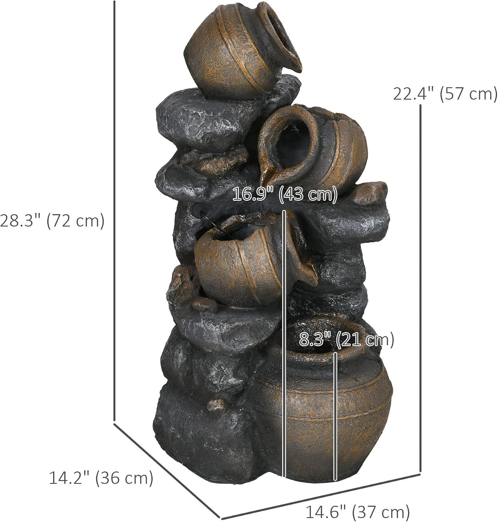 Outsunny 28.3' Tall Solar Powered Outdoor Water Fountain, 4-Tier Floor Standing Resin Cascading Jars and Stacked Stones Waterfall Fountain with LED Lights and Pump for Garden, Patio, Backyard