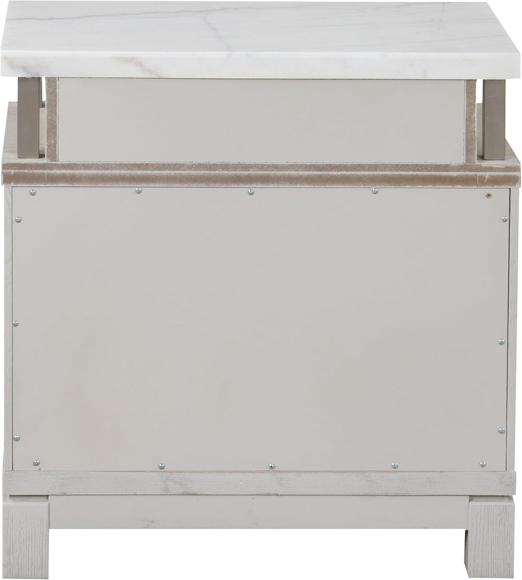Furniture of America Bailer Modern Solid Wood 3-Piece Bedroom Set with LED on Headboard, Stainless Steal Posts and Marble Top on Nightstand, Box Spring Needed, Queen, Weathered Gray