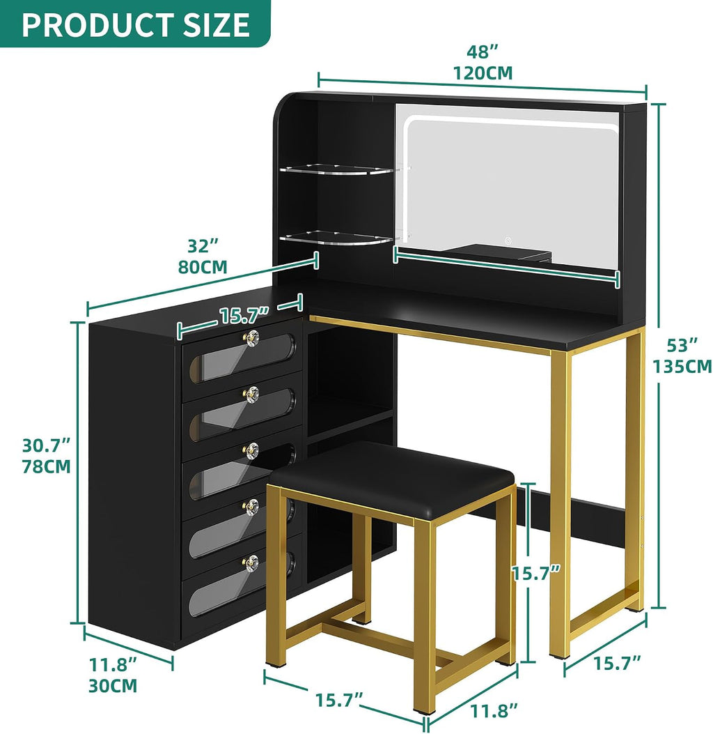 DWVO Vanity Desk with Light and Mirror, 3 Lighting Modes, L-Shaped Corner Vanity Table, 48' Large Dressing Table with 5 Tempered Glass Drawers with Open Storage Shelves