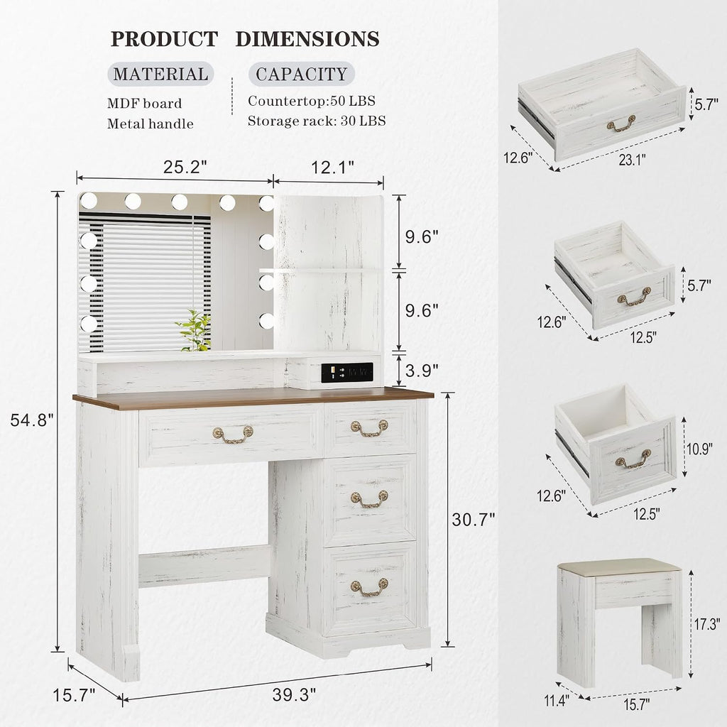 Lareth Farmhouse Vanity Desk with Lighted Mirror & Power Outlet, 39 inch Rustic Makeup Vanity Table with Drawers and Stool, Hollywood Mirror with Lights, White Dressing Table for Women Girls Gifts
