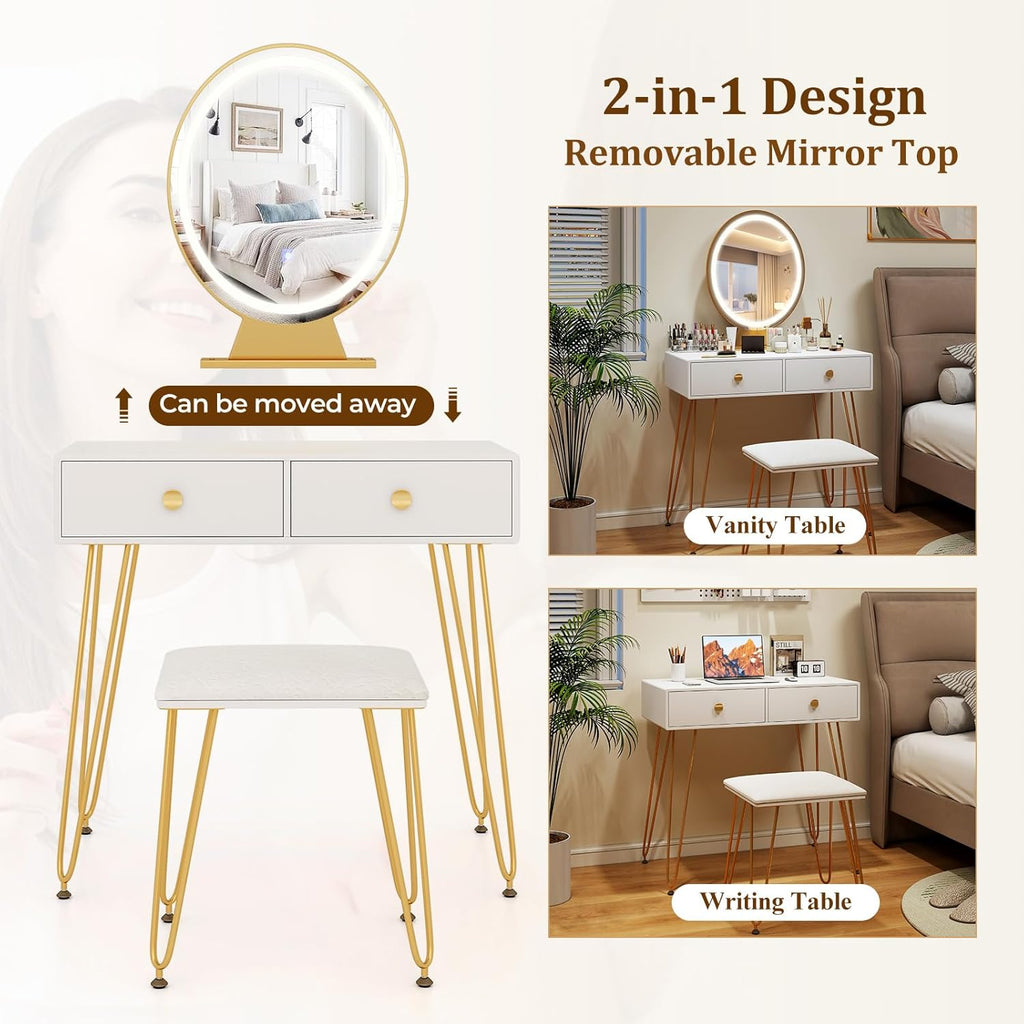 COSTWAY Vanity Desk with Mirror and Lights, Makeup Dressing Table Set w/ 3 Color Lighting Modes & Adjustable Brightness, Vanity Mirror with Desk and Stool for Bedroom Small Spaces (White)