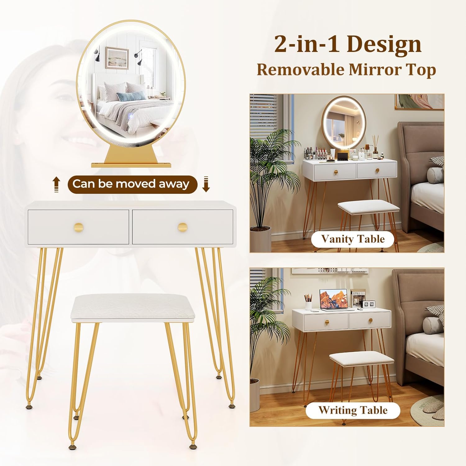 COSTWAY Vanity Desk with Mirror and Lights, Makeup Dressing Table Set w/ 3 Color Lighting Modes & Adjustable Brightness, Vanity Mirror with Desk and Stool for Bedroom Small Spaces (White)