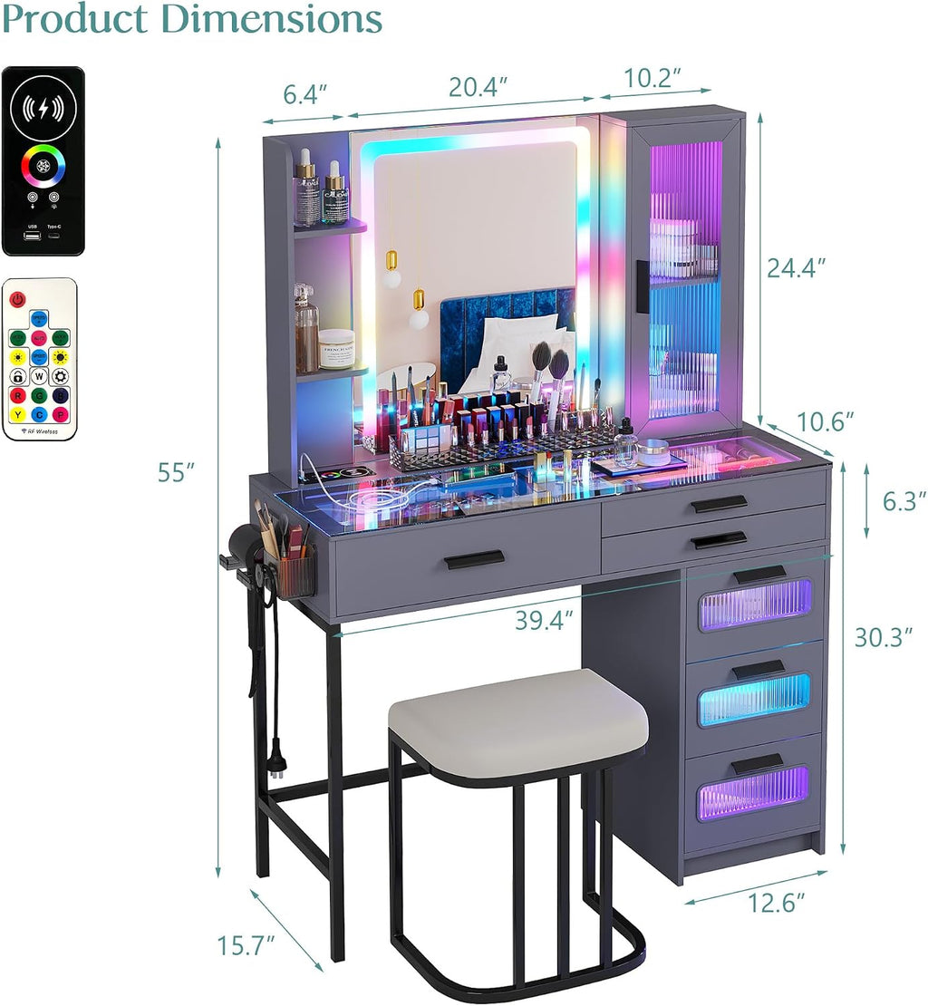 WOOVIVS Vanity with Lights for Girls- Vanities Table with LED Mirror, RGB Makeup Vanity with Wireless Charging Station, 6 Drawers Dress with Glass Top,Chair,Jewelry Organizer for Bedroom-Grey
