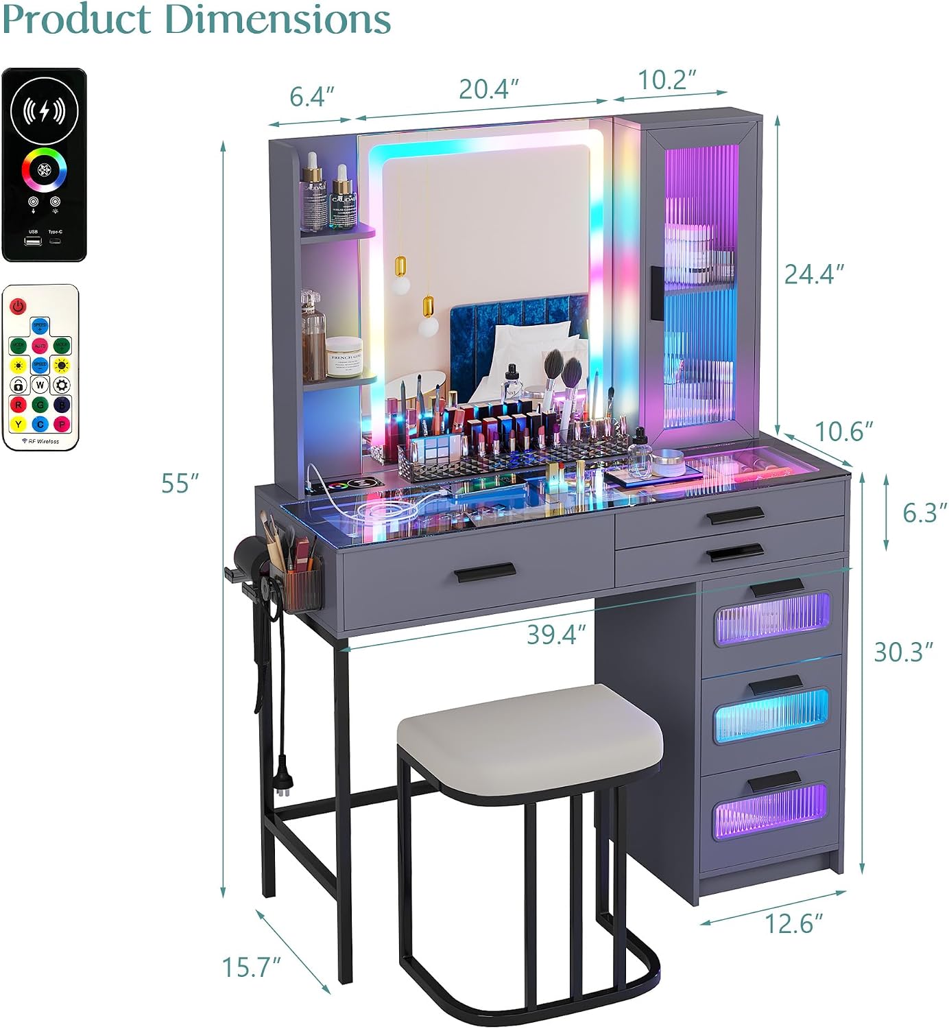 WOOVIVS Vanity with Lights for Girls- Vanities Table with LED Mirror, RGB Makeup Vanity with Wireless Charging Station, 6 Drawers Dress with Glass Top,Chair,Jewelry Organizer for Bedroom-Grey