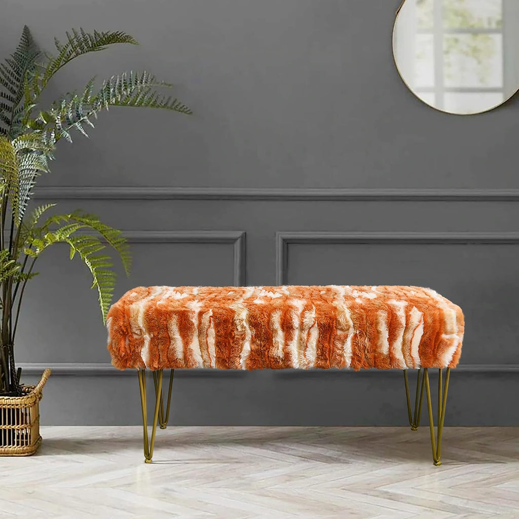 Burnt Orange Rectangle Long Bench Soft Faux Fur Ottoman 46'x16'x22' Sturdy Accent Furry Footrest Stool for Bedroom at The End of Bed Coffee Table for Living Room Closet Entryway Golden Legs