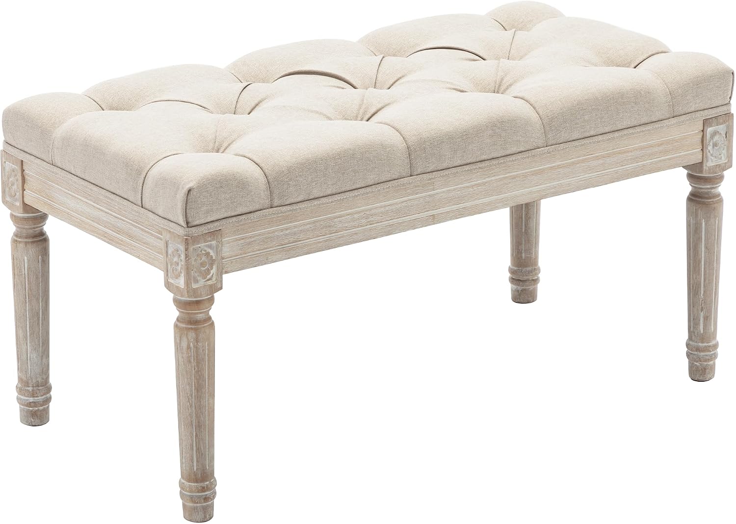 Upholstered Fabric Entryway Bench, Tufted Piano Bench for 2 People, Rubber Wood Legs with Beautiful Carved Pattern for Bedroom/Living Room/Dining Room (Beige)