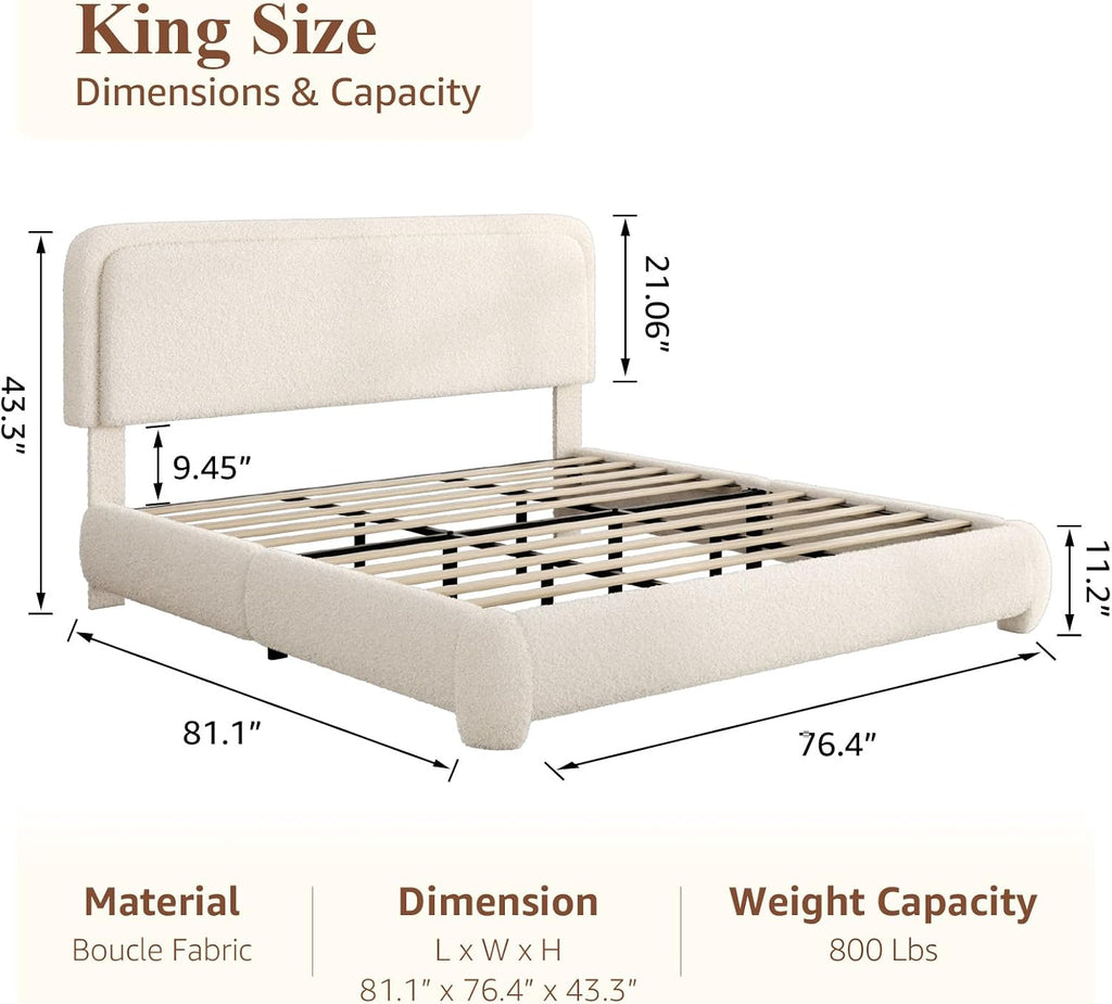 Kelway Upholstered Bed Frame King Size Modern Soft Boucle Bed Frame with Adjustable Heandboard, No Box Spring Needed, Easy Assembly, Beige