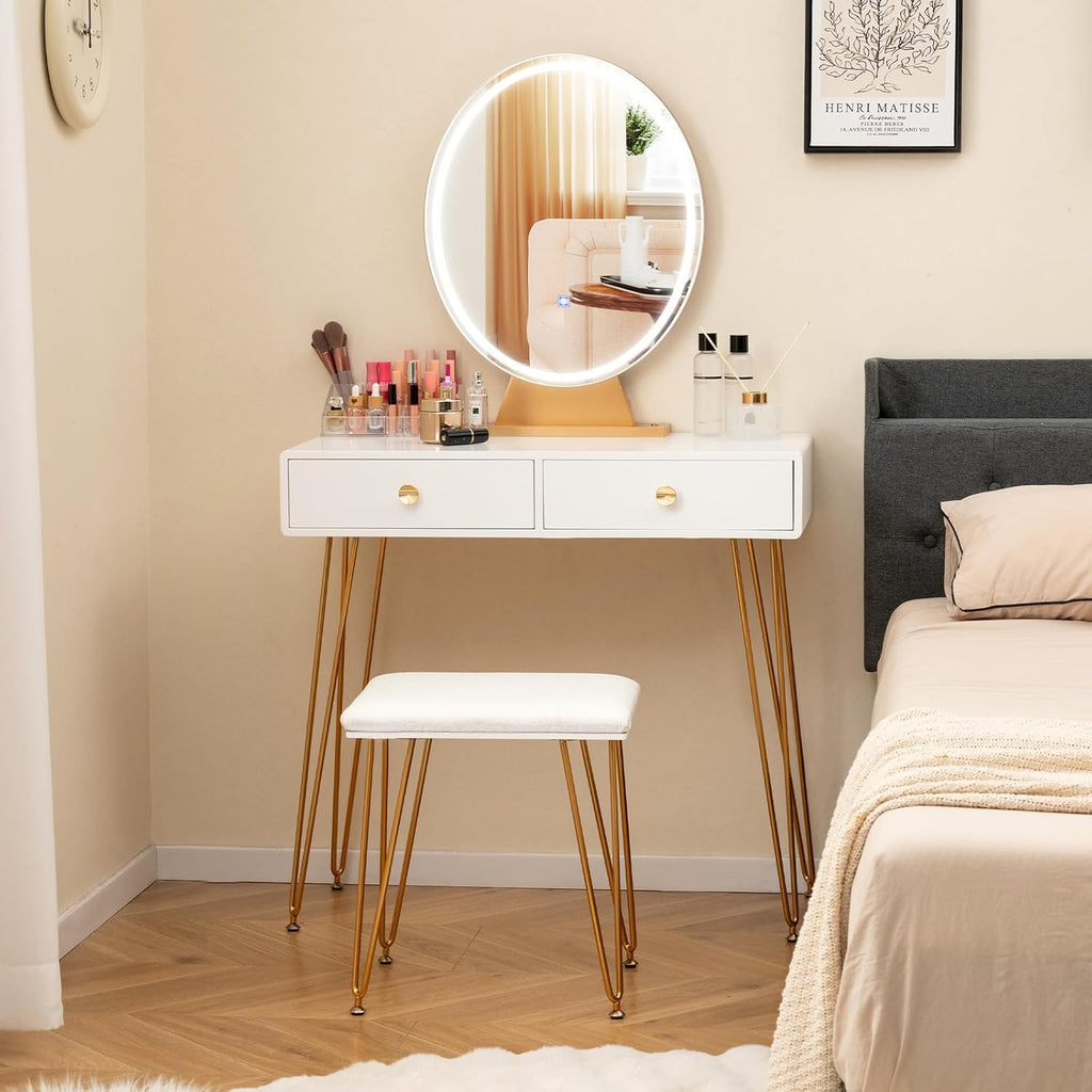 Byroce Vanity Desk with Lighted Mirror, 3 Color Lighting Modes, Adjustable Brightness, 2 Large Drawers & Acrylic Storage Box, Makeup Vanity Table with Cushioned Stool for Bedroom (White)