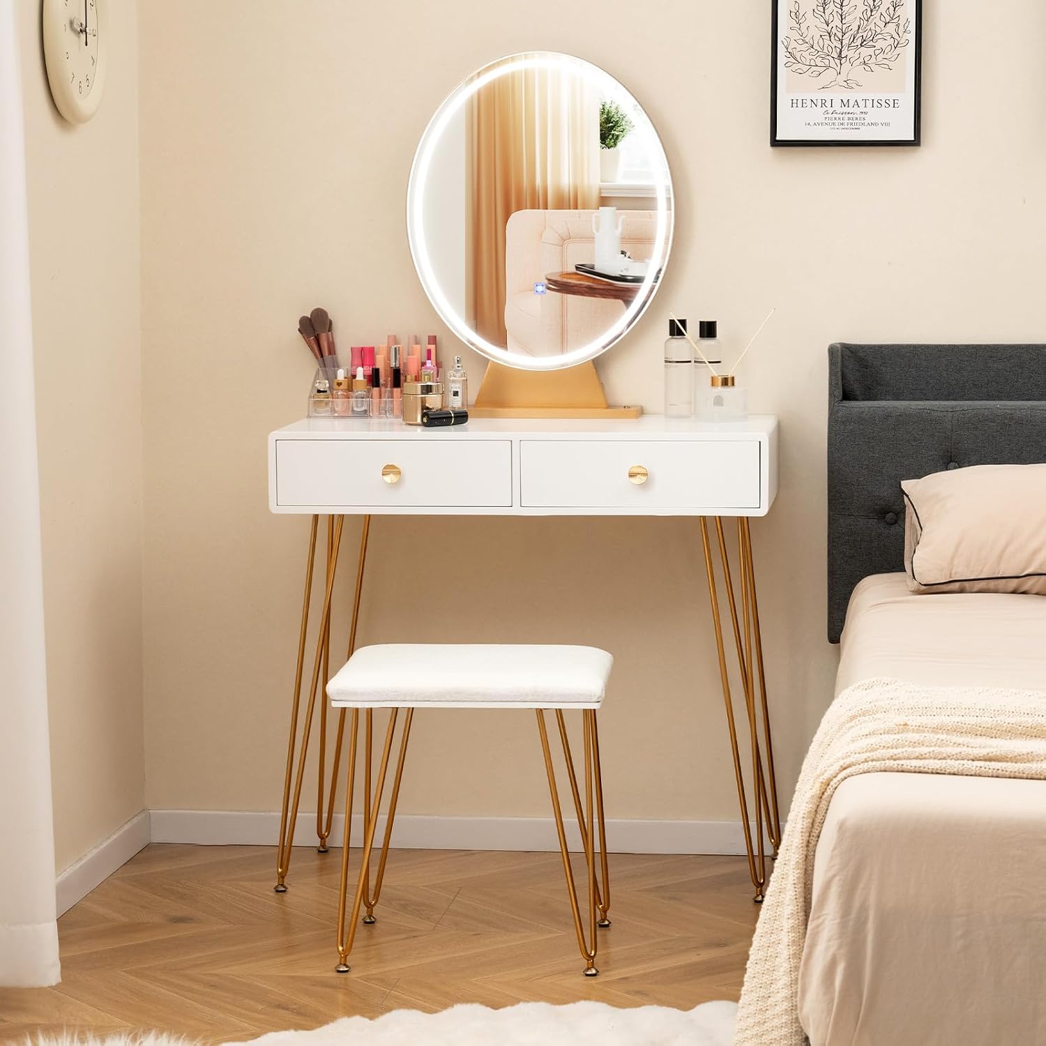 Byroce Vanity Desk with Lighted Mirror, 3 Color Lighting Modes, Adjustable Brightness, 2 Large Drawers & Acrylic Storage Box, Makeup Vanity Table with Cushioned Stool for Bedroom (White)