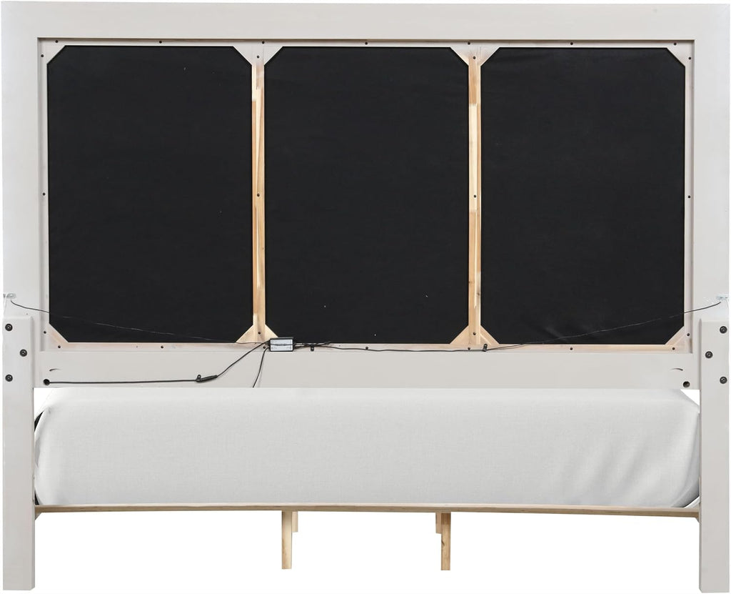 Furniture of America Bailer Modern Solid Wood 3-Piece Bedroom Set with LED on Headboard, Stainless Steal Posts and Marble Top on Nightstand, Box Spring Needed, King, Weathered Gray