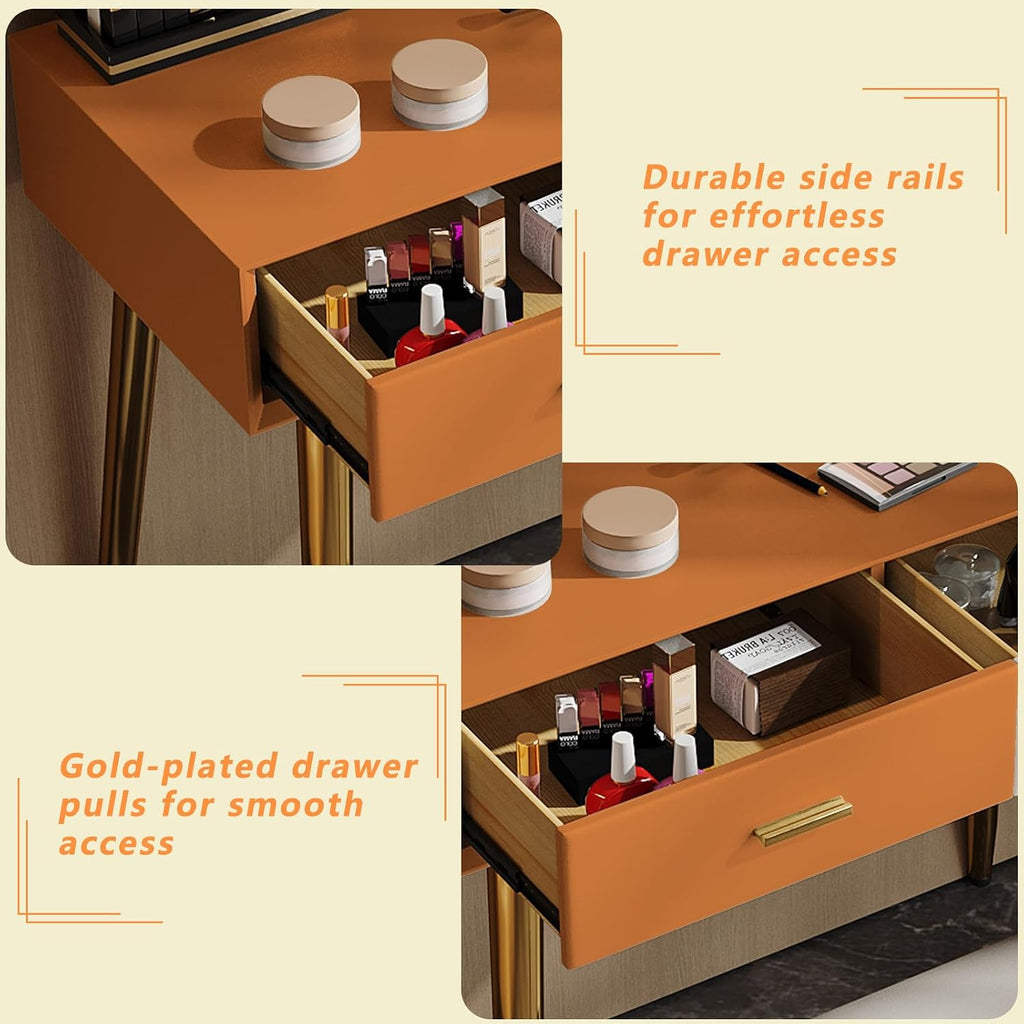 Vanity Desk with Adjustable Mirror and Lights, Makeup Desk with Drawers and Chair, Dressing Table Set with Leather Surface, Small Vanity Table for Bedroom, 3 Lighting Modes (Orange)