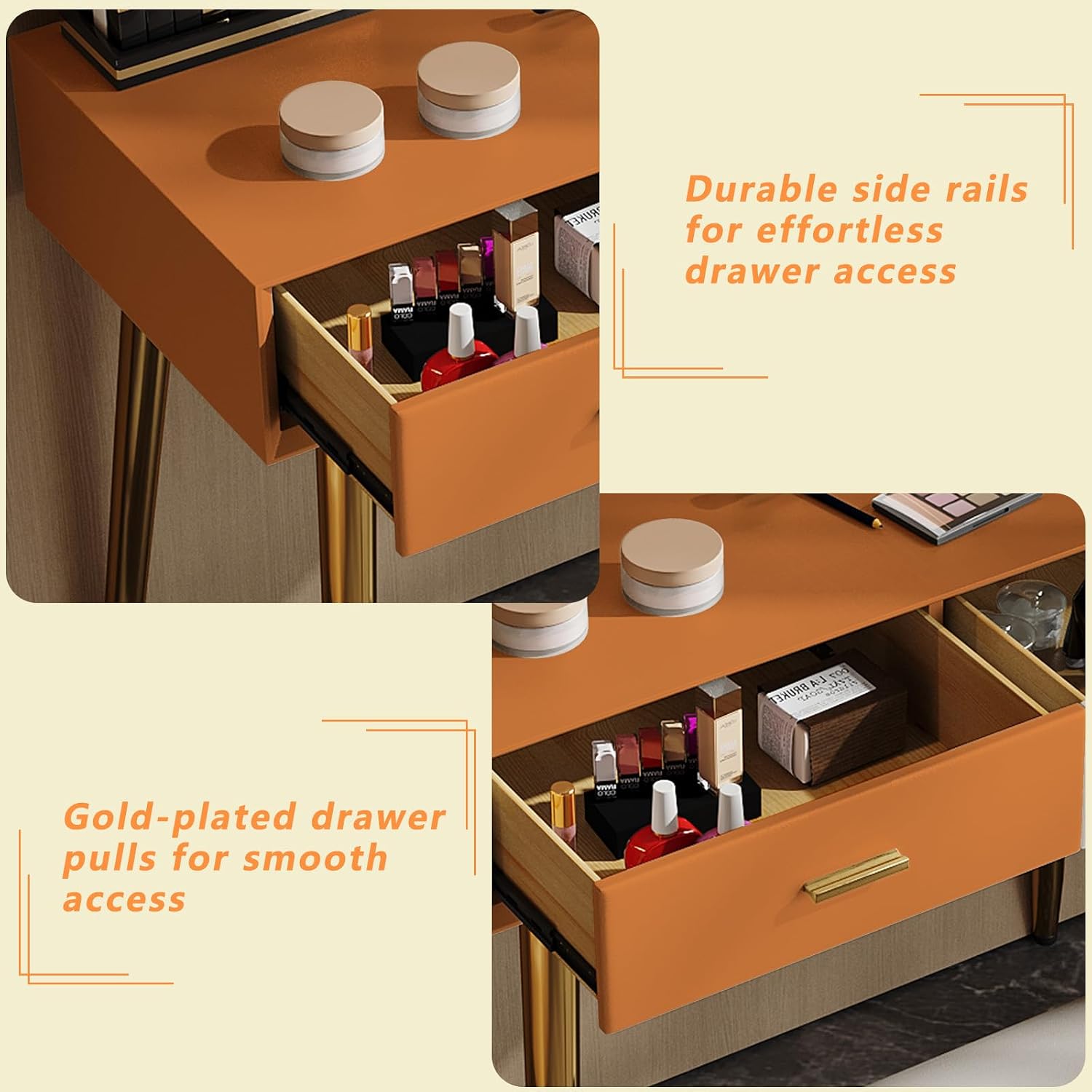 Vanity Desk with Adjustable Mirror and Lights, Makeup Desk with Drawers and Chair, Dressing Table Set with Leather Surface, Small Vanity Table for Bedroom, 3 Lighting Modes (Orange)