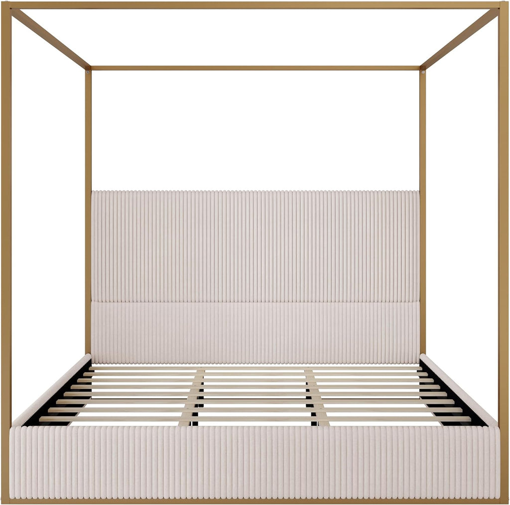 LUMISOL King Size Upholstered Canopy Bed Frame, 4 Poster Metal Canopy Bed with Tall Corduroy Headboard, Modern Canopy Platform Bed Frame, No Box Spring Needed, Gold Beige