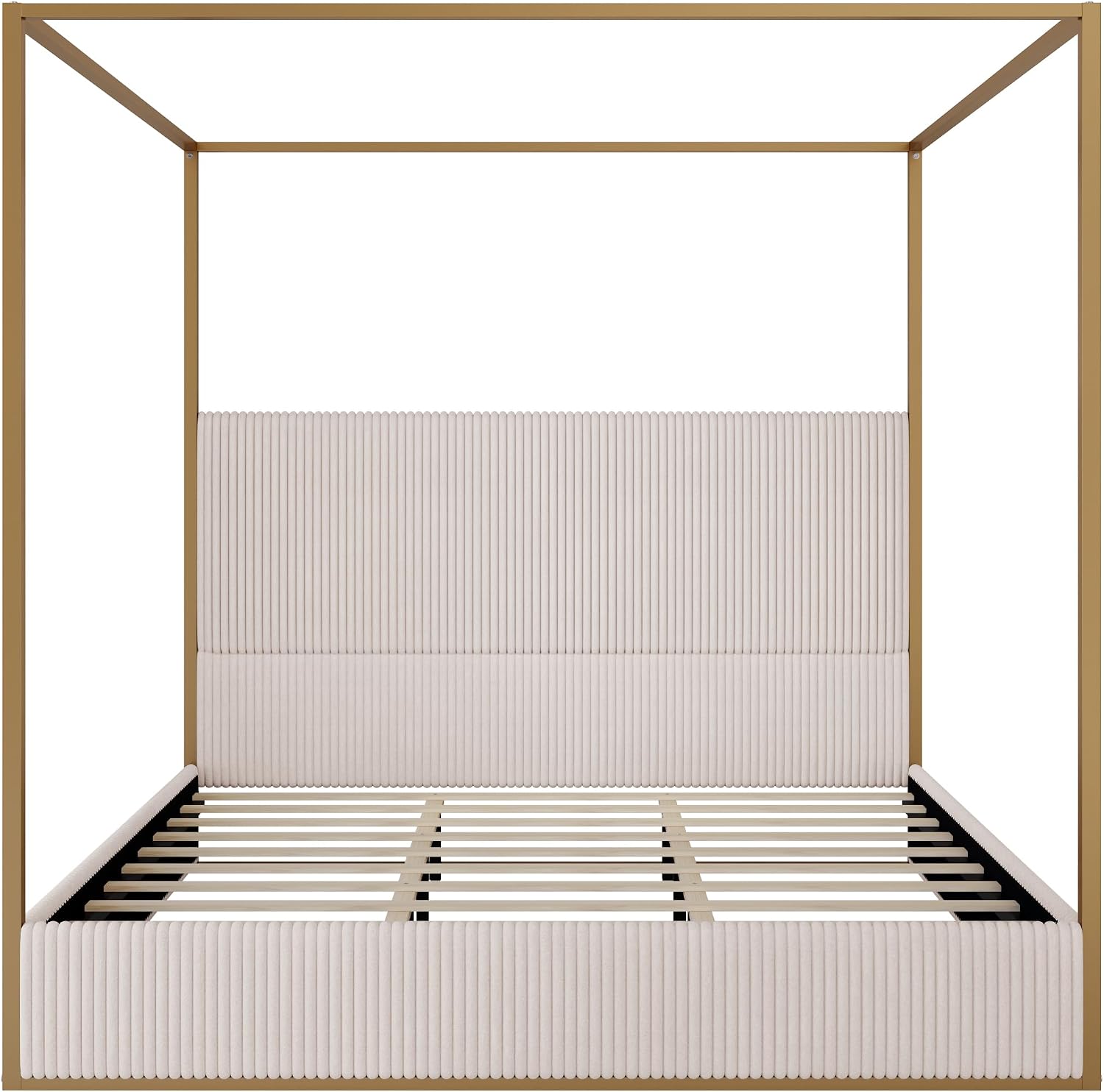 LUMISOL King Size Upholstered Canopy Bed Frame, 4 Poster Metal Canopy Bed with Tall Corduroy Headboard, Modern Canopy Platform Bed Frame, No Box Spring Needed, Gold Beige