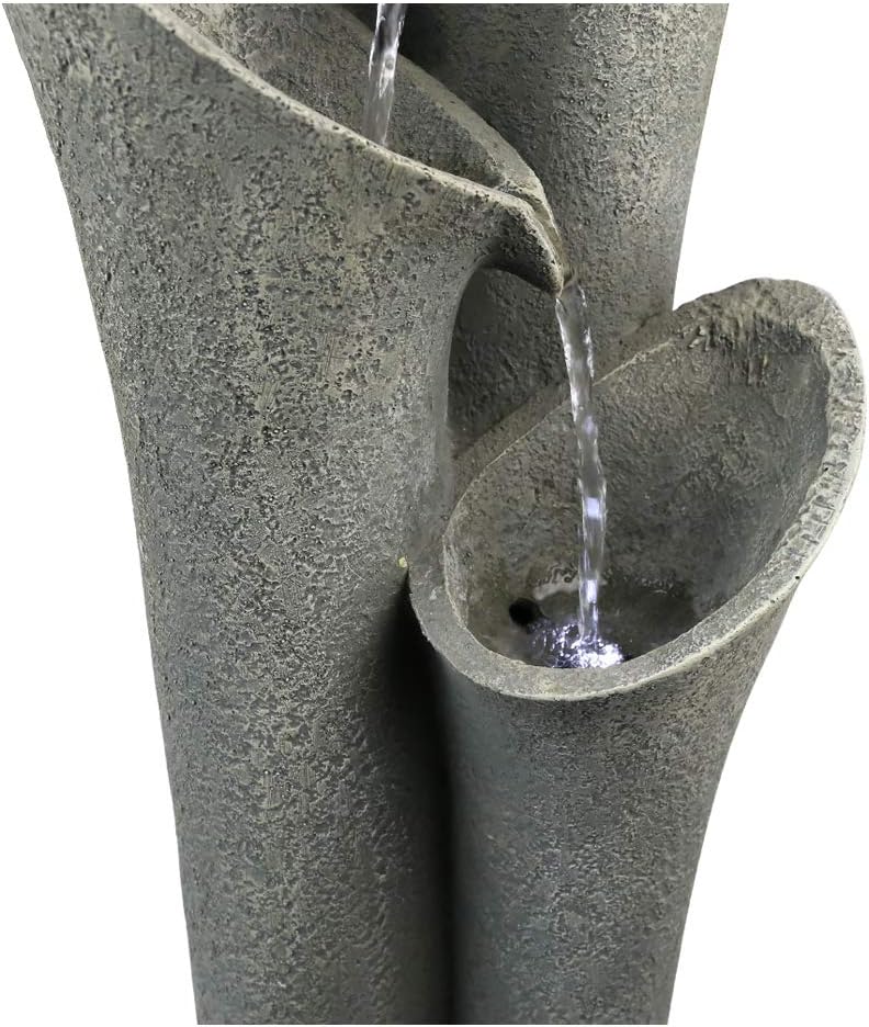 4-Tier Faux Stone LED Floor Fountain, 33.5 Inch Waterfall Outdoor Fountain LED Illuminated Water Feature for Patio Garden