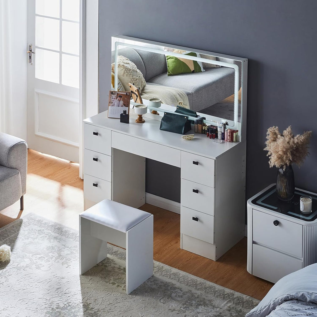 CLIPOP Makeup Vanity Desk with Large Lighted Mirror, Makeup Table with 7 Drawers, Power Outlet, Touch Control 3 Color Modes & Adjustable Brightness LED Strip, Cushioned Stool | Bedroom Dressing Table