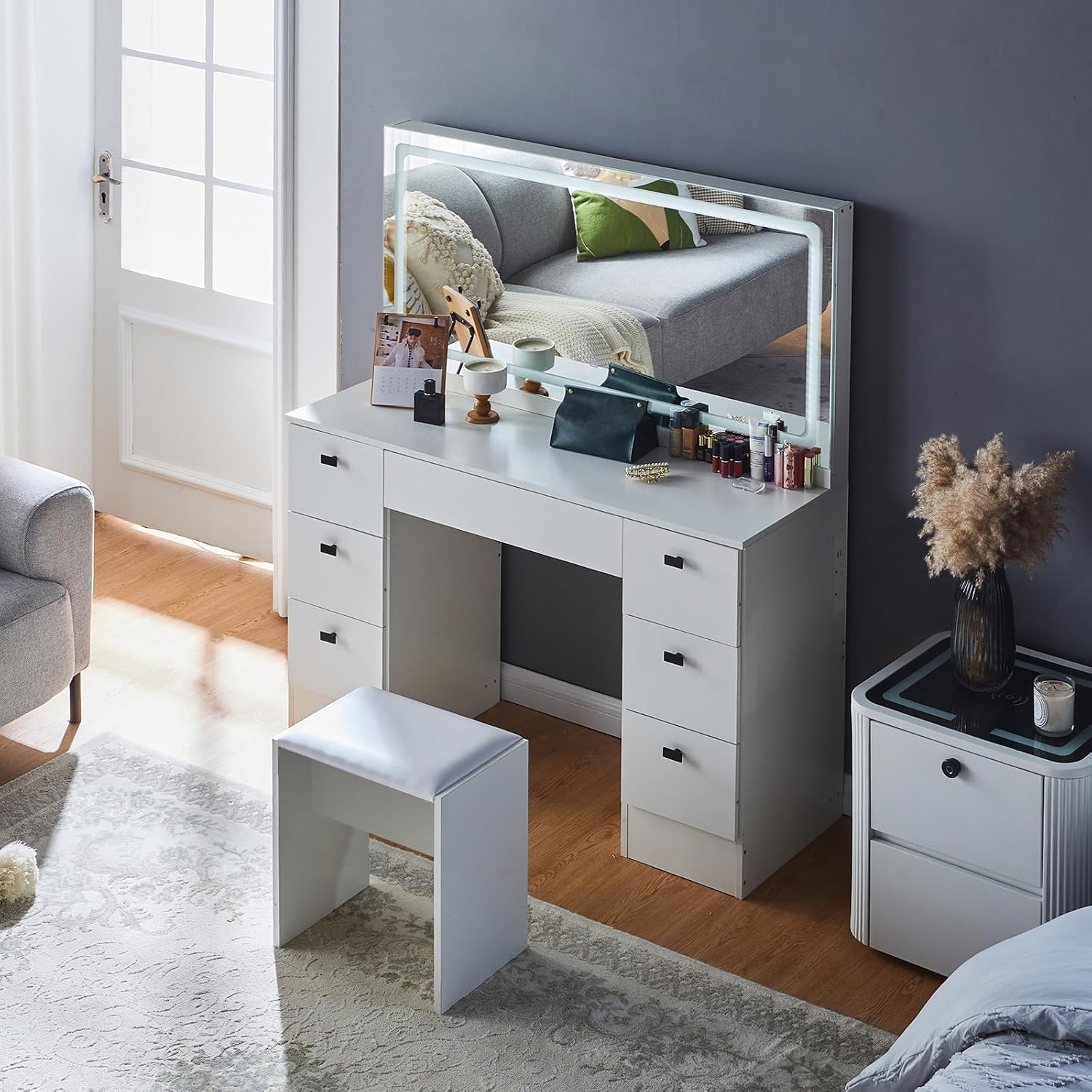 CLIPOP Makeup Vanity Desk with Large Lighted Mirror, Makeup Table with 7 Drawers, Power Outlet, Touch Control 3 Color Modes & Adjustable Brightness LED Strip, Cushioned Stool | Bedroom Dressing Table