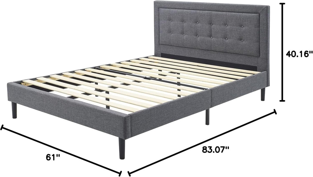 Decoro Mornington 2.0 Upholstered Platform Bed | Headboard and Metal Frame with Wood Slat Support, Grey, Queen Size