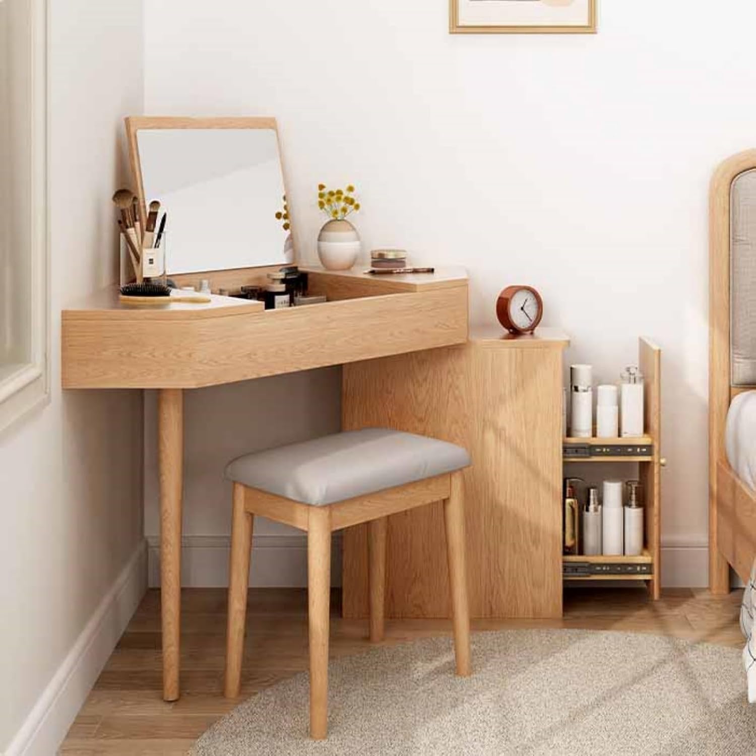 Corner Vanity Desk, Modern Dressing Table with Flip Top Mirror, Compact Vanity with Drawers, Natural Oak Makeup Table for Checkroom Apartment Bedroom Makeup Room(Wood Color)