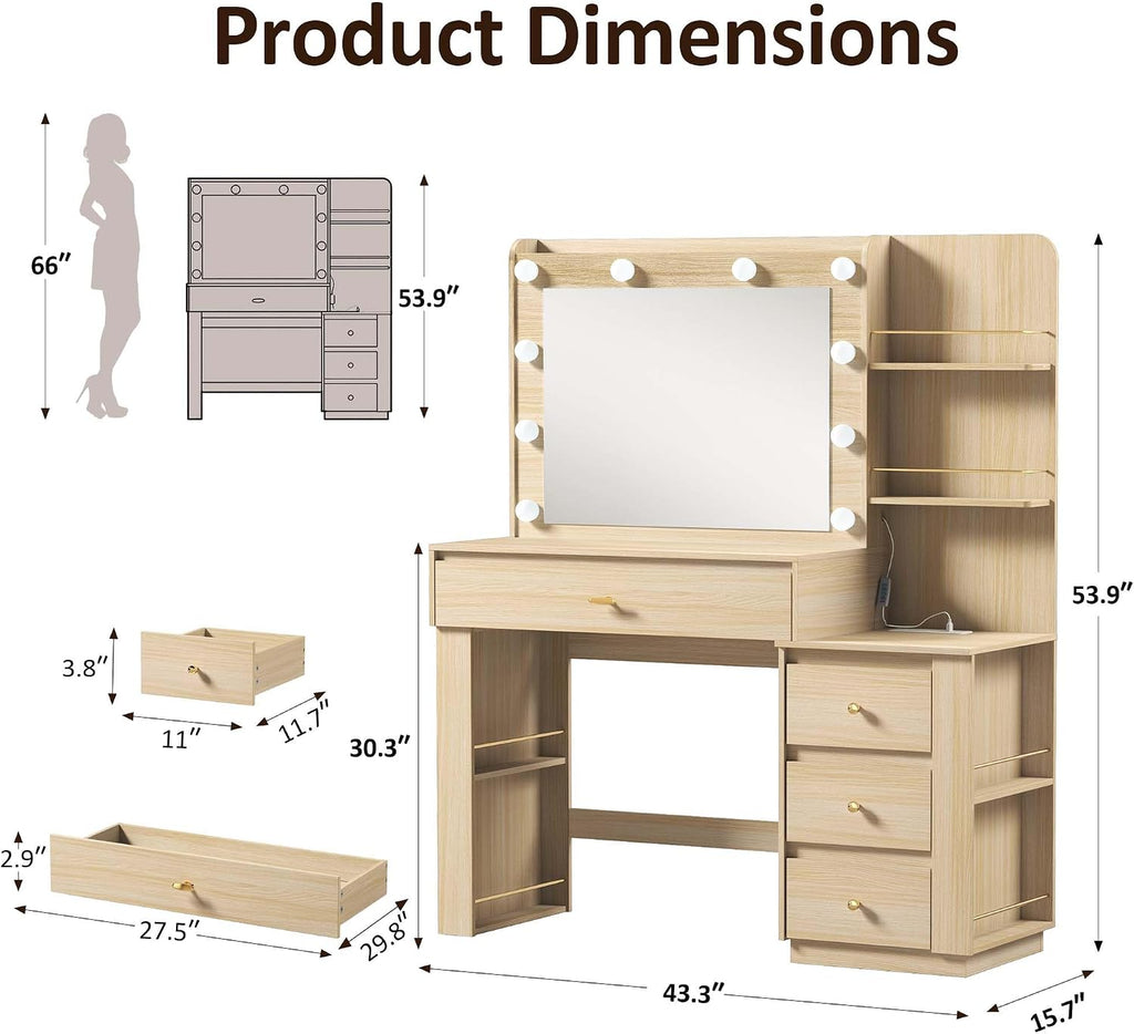 Makeup Vanity Desk with 3 Colors Lights and Mirror, Vanity Table with 10 LED Bulbs & Power Outlet, Large Dressing Table with 6 Storage Shelvess, 4 Drawer for Bedroom, Women and Girls, Oak