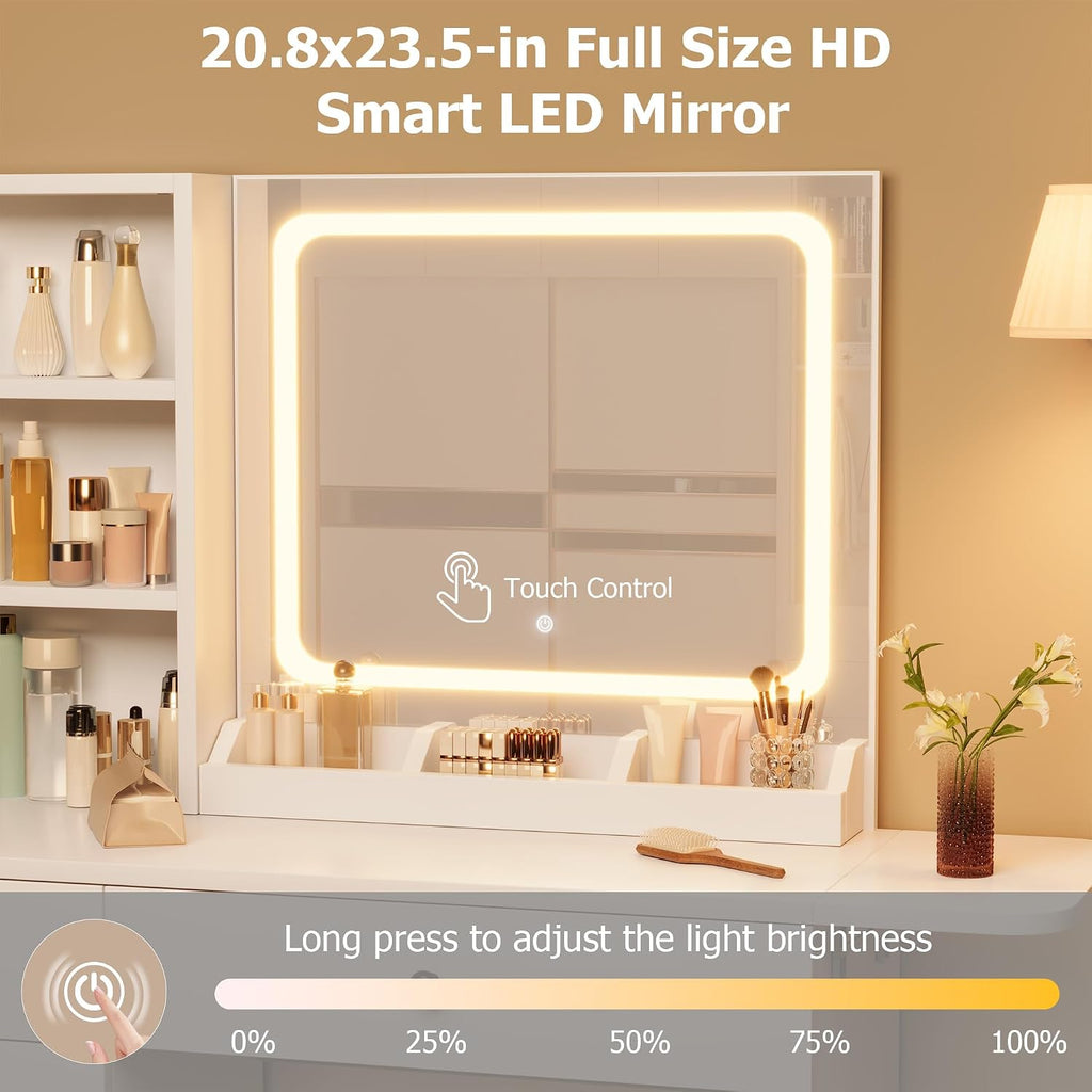 GarveeHome Makeup Vanity Desk with Mirror and Lights, Vanity Table Set with Drawer & Power Outlet & Chair & 3 Shelves, Bedroom, White