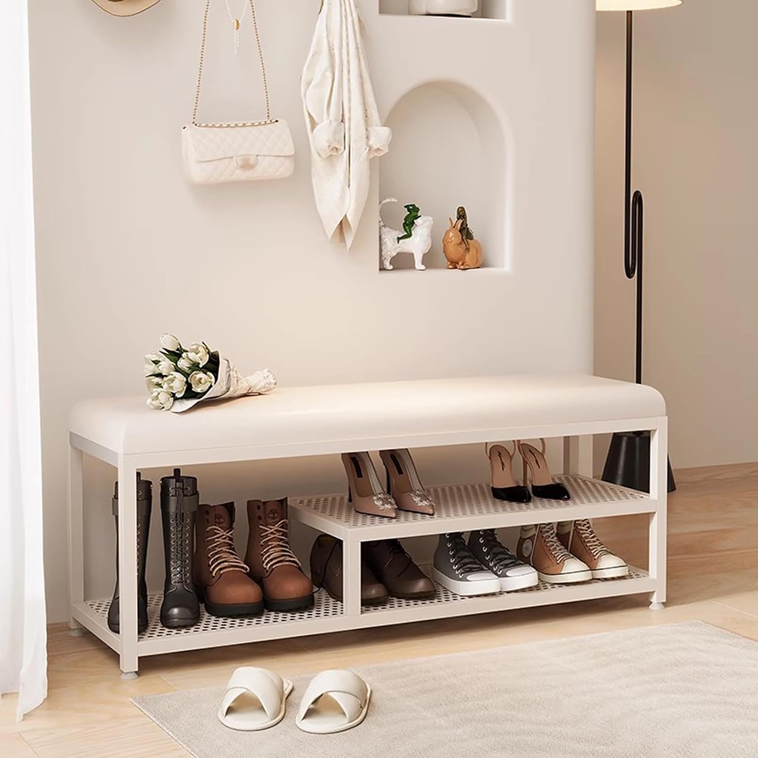 Entryway Bench with Storage, White PU Leather Seat and Metal Frame, Perfect for Hallway, Bedroom, Corner, Window Seat, Stylish Shoe Rack nizer