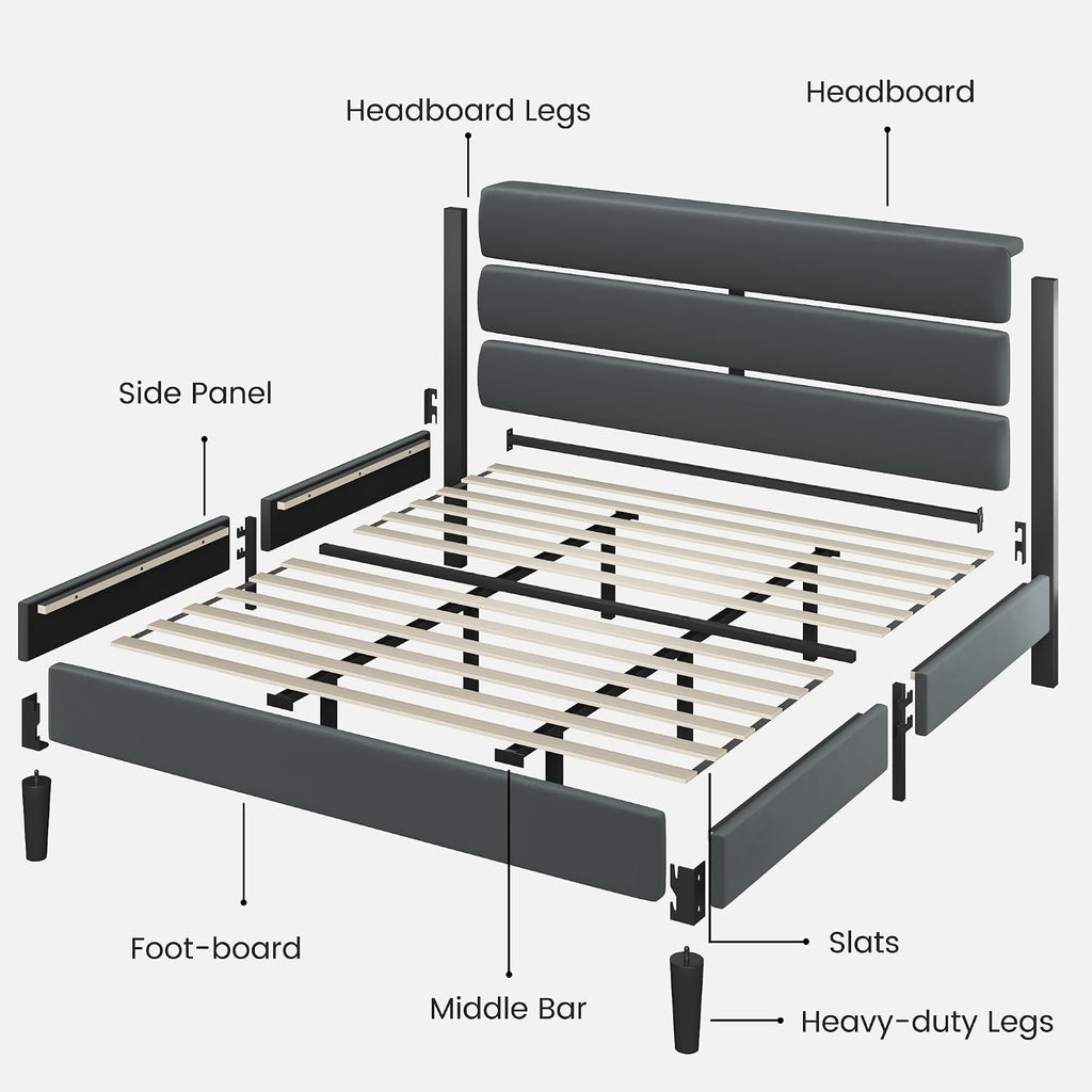 Fluest King Size Bed Frame, Platform Bed Frame with Velvet Upholstered Headboard, No Box Spring Needed, Sturdy Metal Support, Noise Free, Easy Assembly, Grey