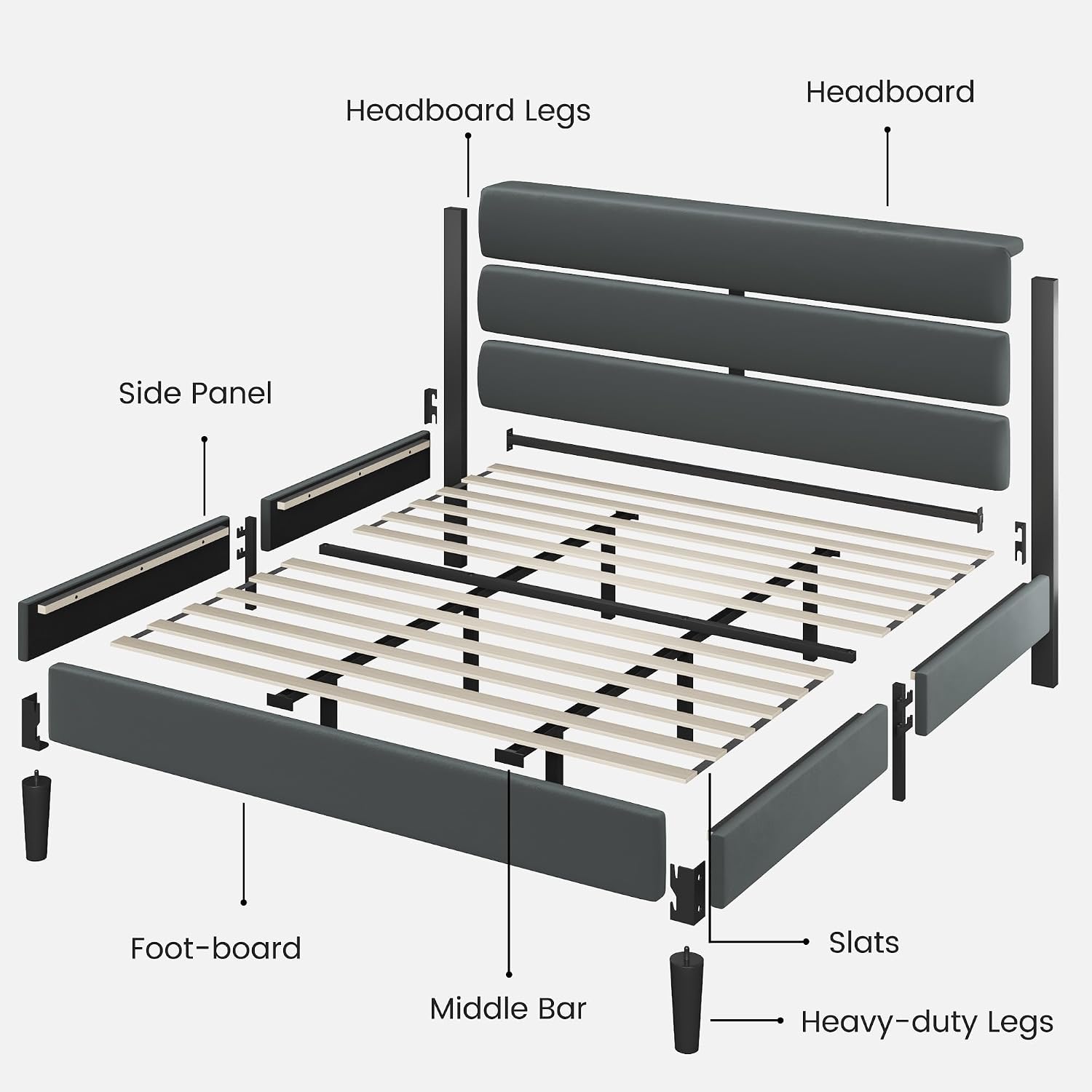 Fluest King Size Bed Frame, Platform Bed Frame with Velvet Upholstered Headboard, No Box Spring Needed, Sturdy Metal Support, Noise Free, Easy Assembly, Grey