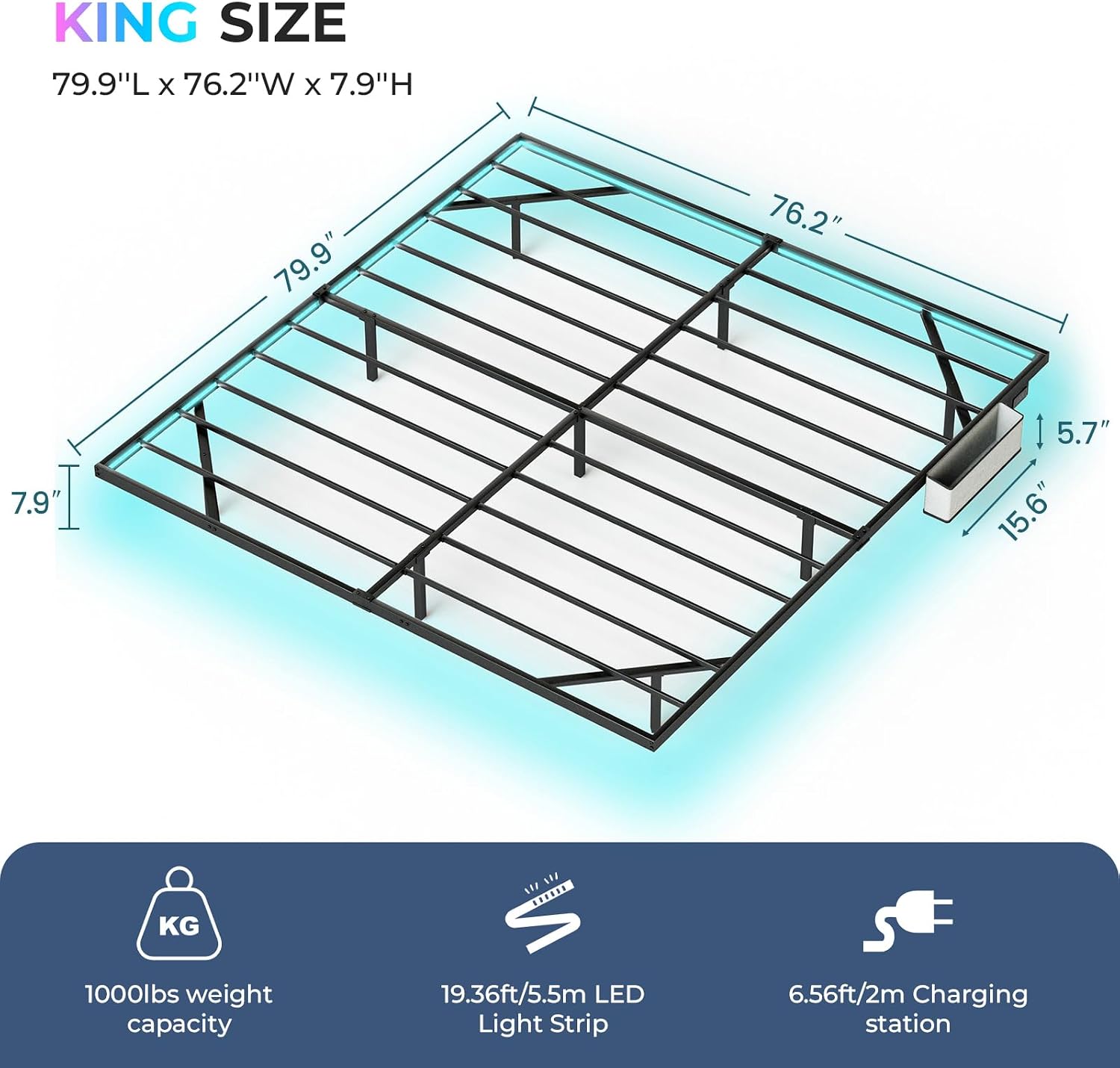 Tatub King Floating Bed Frame with Bedside Caddy, LED Floating Metal Platform Bed Frame with Charing Station & 4 Mattress Slide Stopper, No Box Spring Needed, Easy to Assemble