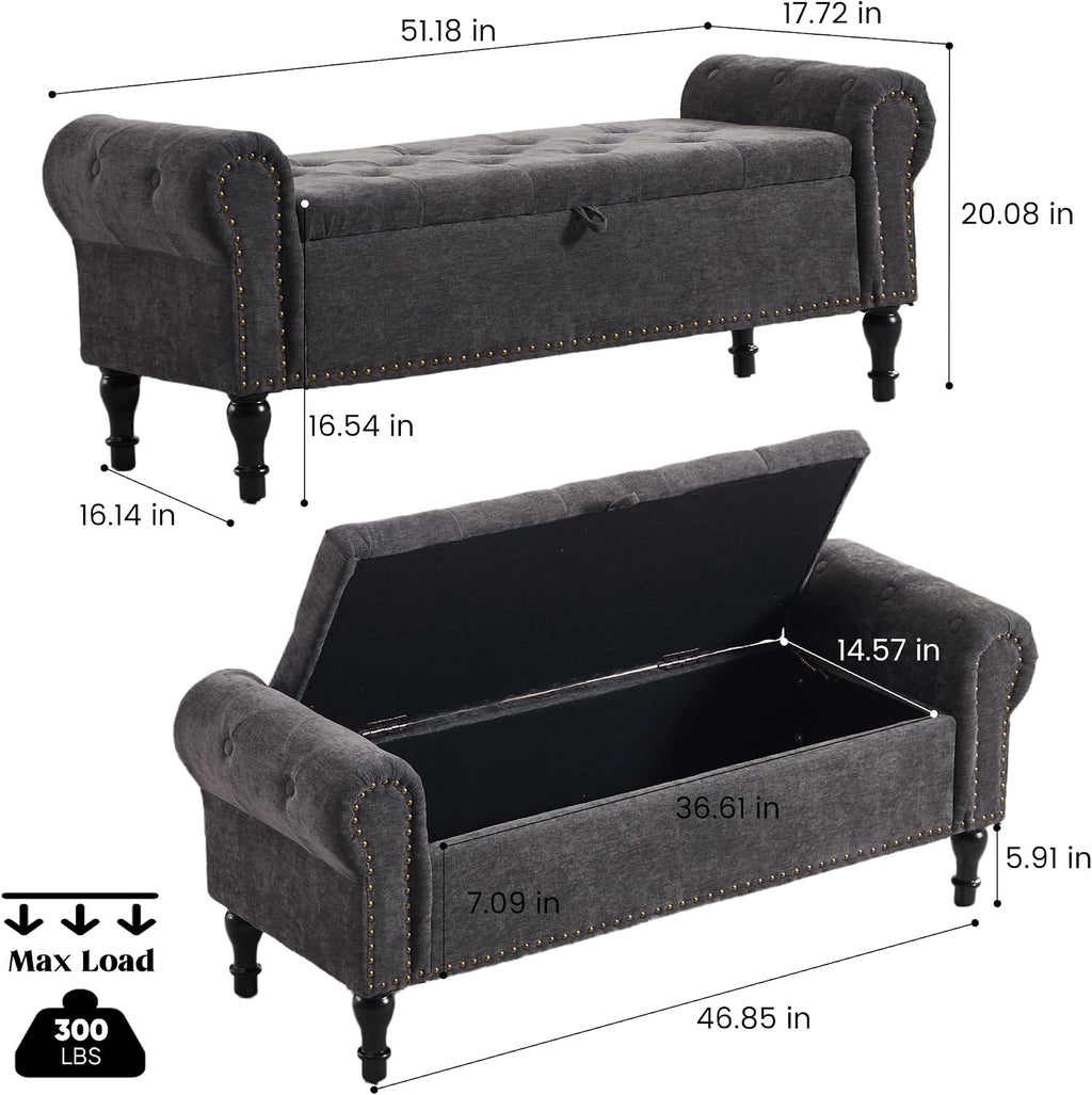 51' Storage Bench for Bedroom, Chenille End of Bed Bench, Queen Size Bench with Rolled Arms, Tufted Storage Ottoman Benches, Upholstered Bench for Bedroom, Living Room, Entryway, Dark Grey