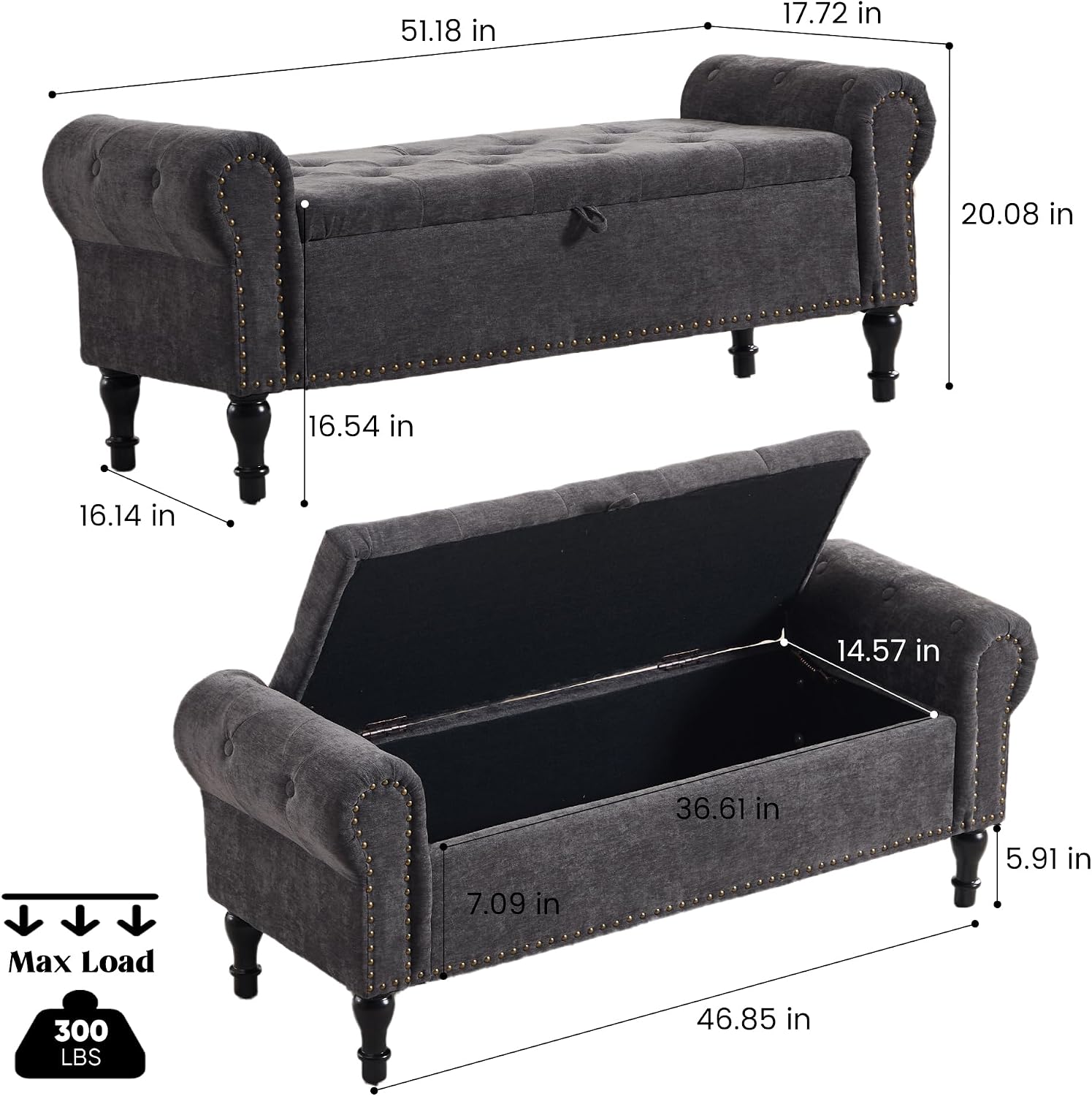 51' Storage Bench for Bedroom, Chenille End of Bed Bench, Queen Size Bench with Rolled Arms, Tufted Storage Ottoman Benches, Upholstered Bench for Bedroom, Living Room, Entryway, Dark Grey