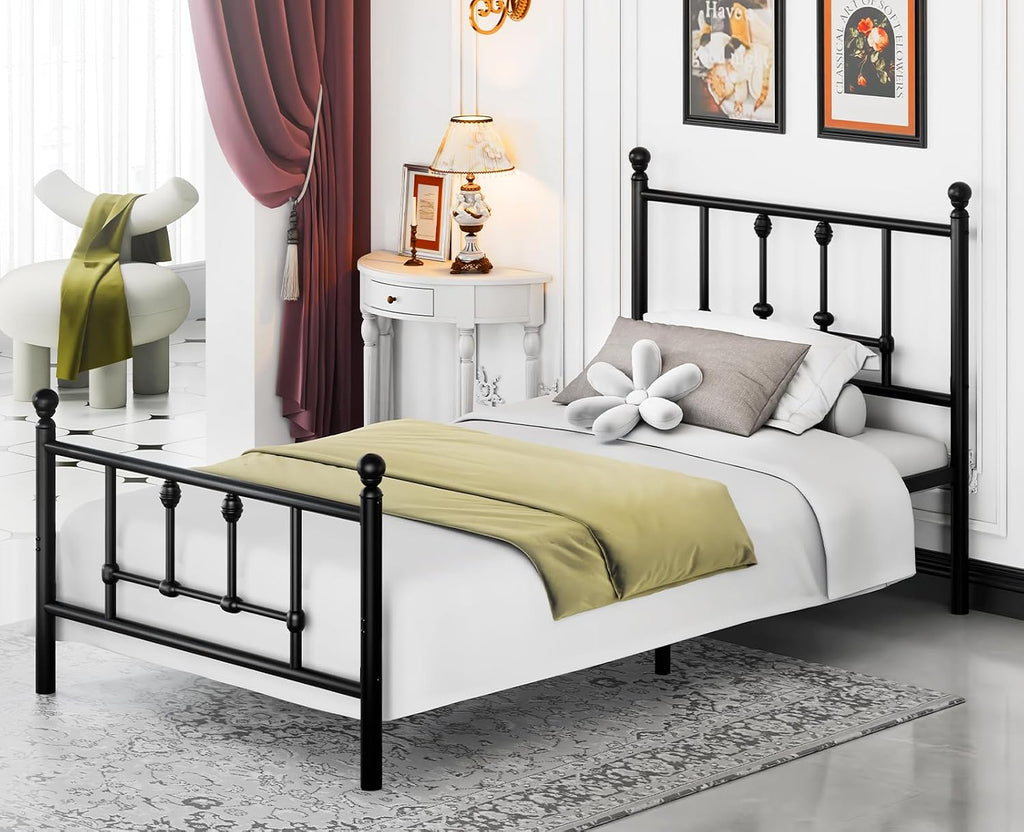 LEVELEVE 14 Inch Twin Size Victorian Vintage Metal Platform Bed Frame with Headboard and Footboard, Underbed Storage, No Box Spring Needed, Easy Assembly, Black