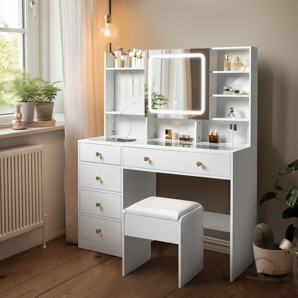 Karl home Makeup Vanity with Lighted Mirror Bedroom Vanity Desk with Charging Station Large Vanity Set with Transparent Desk, Drawers, Cabinet, Shelves for Storage in Bedroom, White