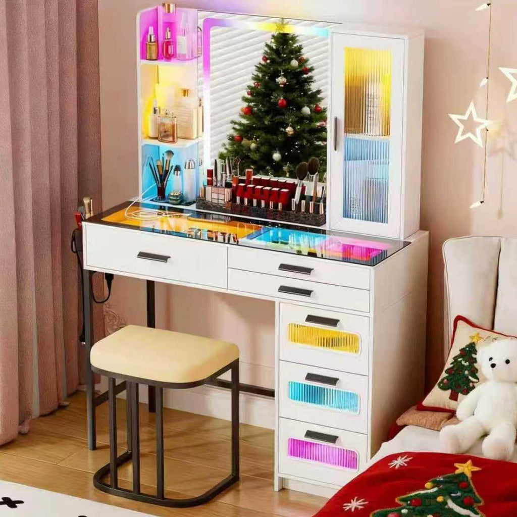 White Makeup Vanity Desk with Mirror and Lights,Vanity Table Set with Charging Station, Dressing Table with RGB Cabinets,Girls Vanity with Makeup Organizer and Drawers